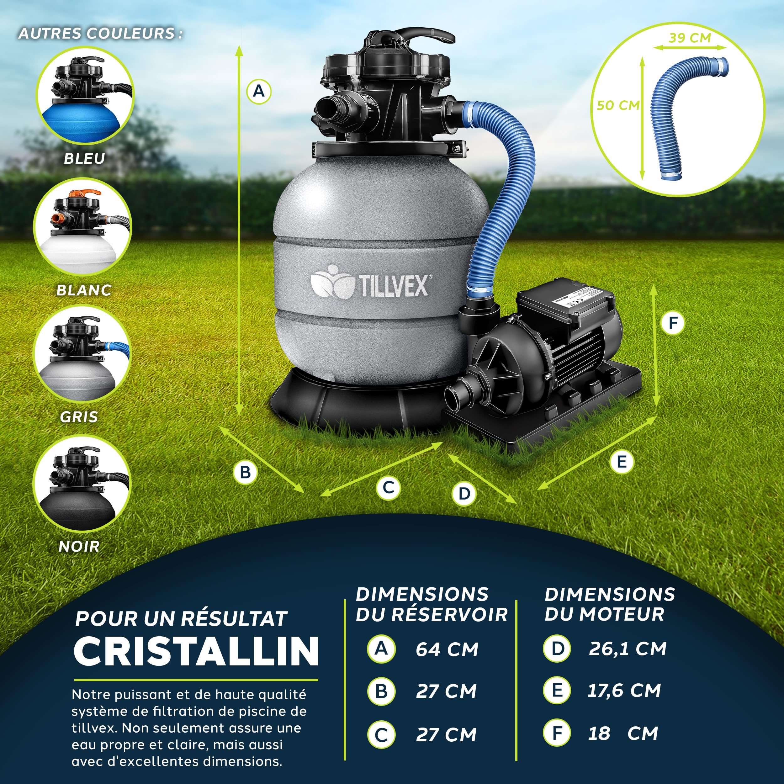 tillvex® Système de Filtre à Sable 7.900L/h + 400g Boules de Filtre | 7 Fonctions de Filtration & Adaptateur 2en1 Ø32-38mm | Filtre de piscine avec indicateur de pression (Gris)