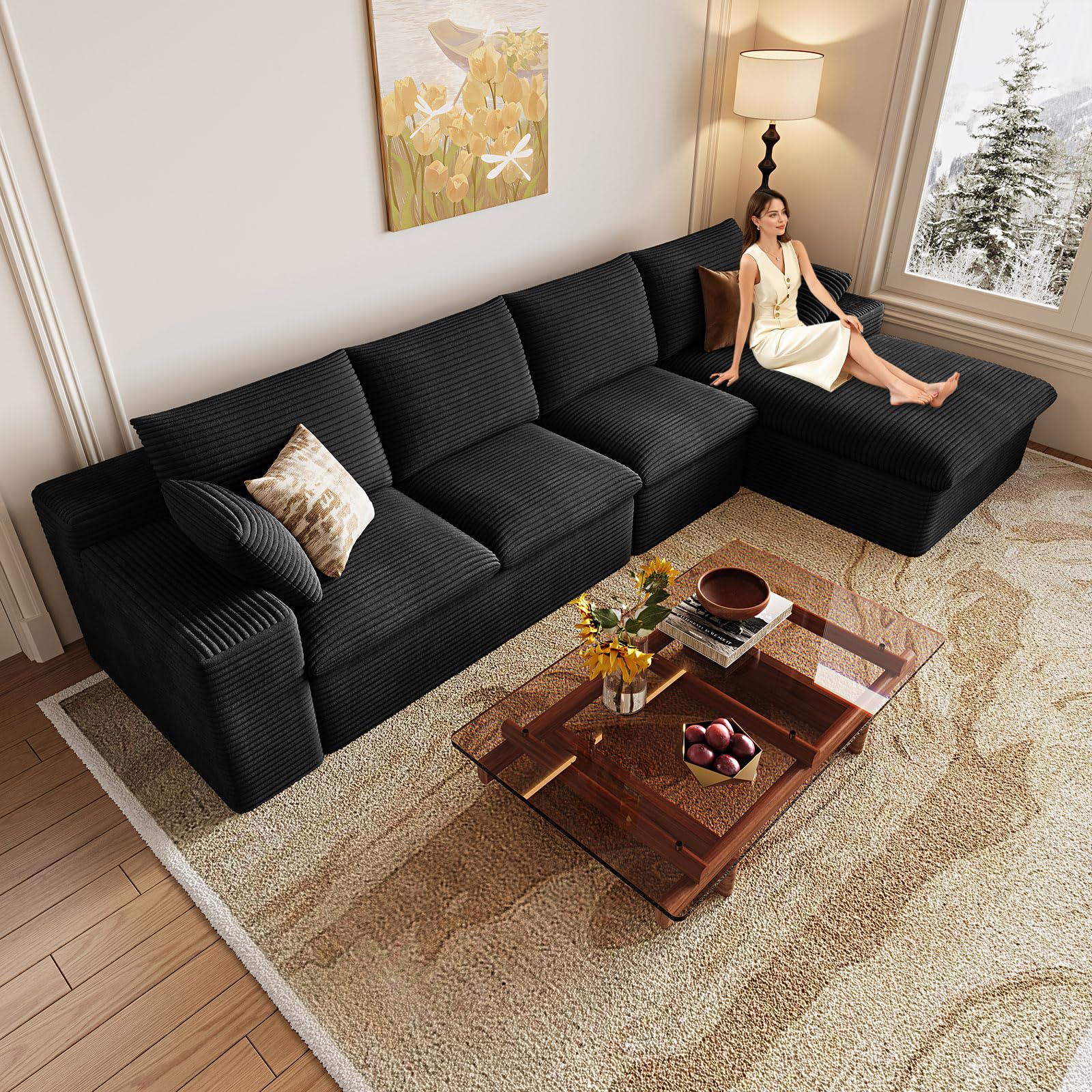 136" Cloud Couch Modular Sectional Sofa for Living Room, L-Shape Boneless Couch with Deep Seat, Modern Corduroy 4-Seater, No Assembly Required (Black,Right-Facing Chaise)