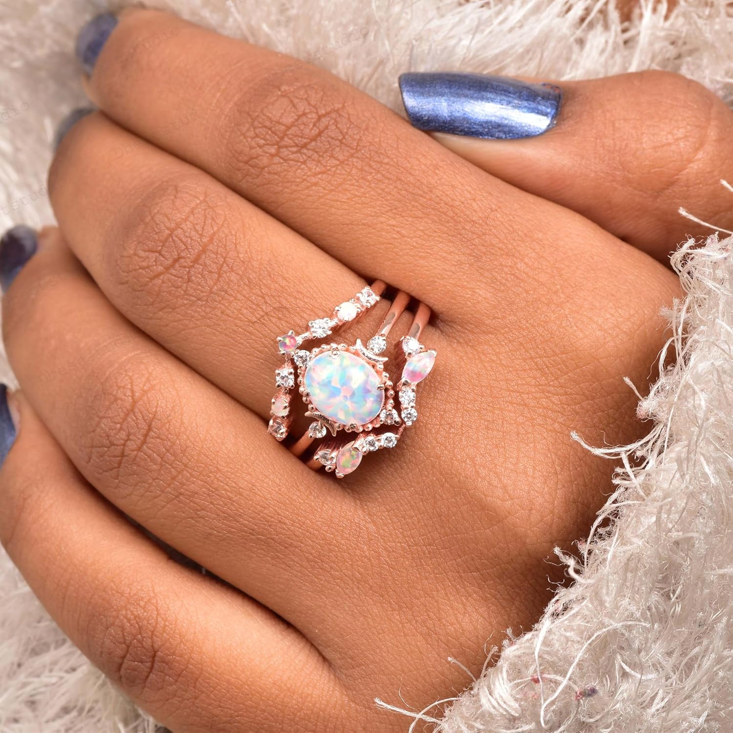 8X6MM Vintage Fire Opal Bridal Engagement wedding Ring Set 14K Rose Gold October Birthstone Women Fine Jewelry Art Deco Diamond And Opal 3 Piece Ring Set Proposal Gift For Girlfriend