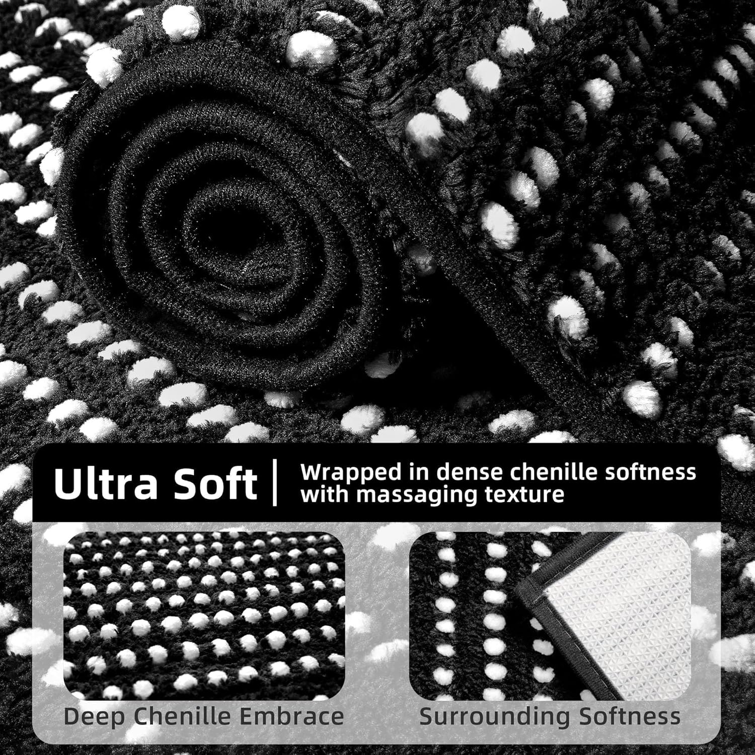 Bathroom Rugs 32'' x 20'', Extra Soft & Super Absorbent Bath Rugs Mat Non Slip Machine Washable, Quick Dry Bath Mats, Shaggy Microfiber Chenille Bath Rug for Bathroom Floor, Tub and Shower, Black