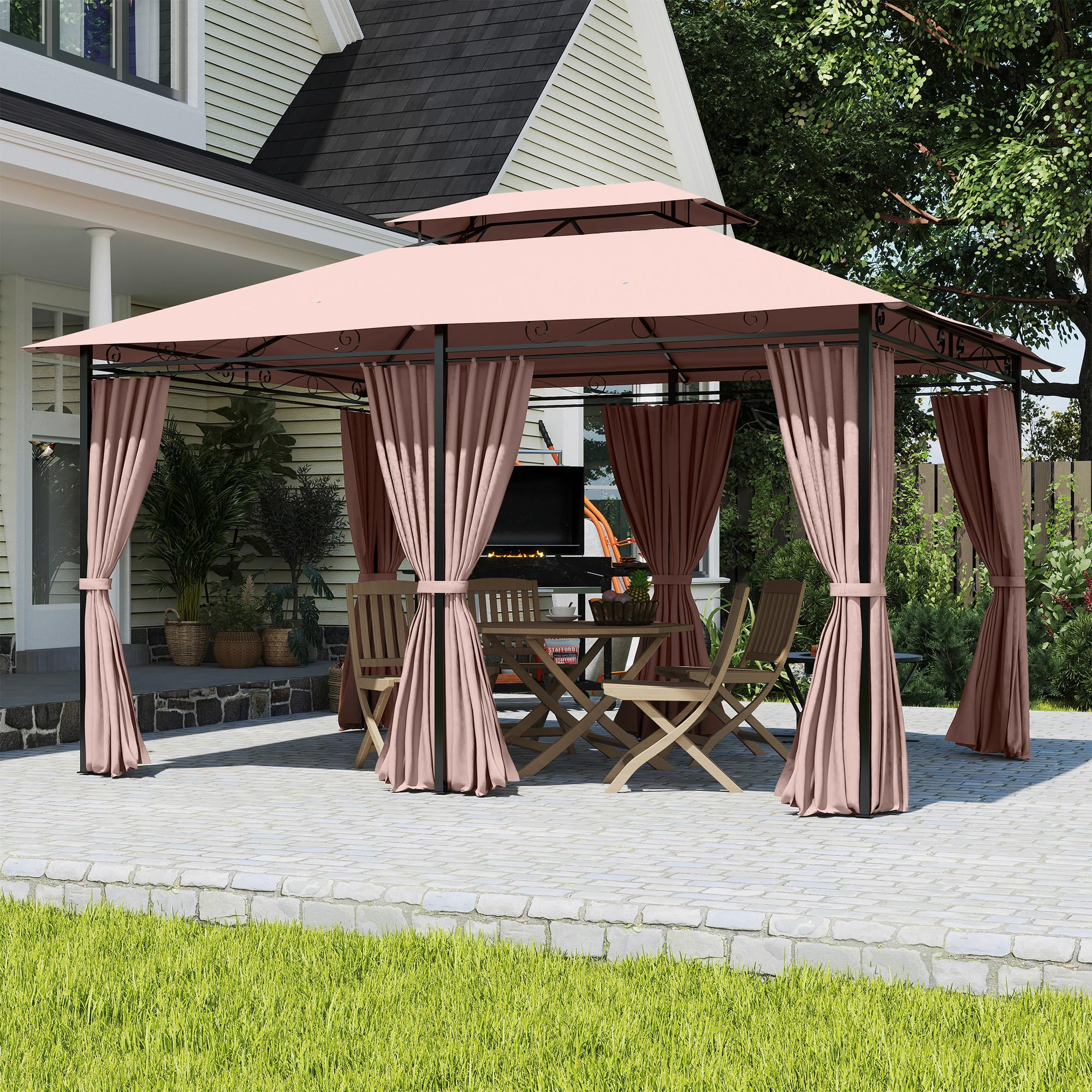 Outsunny Gazebo 4x3m Doppio Tetto Acciaio Tende Zip Impermeabili Anti UV Cachi