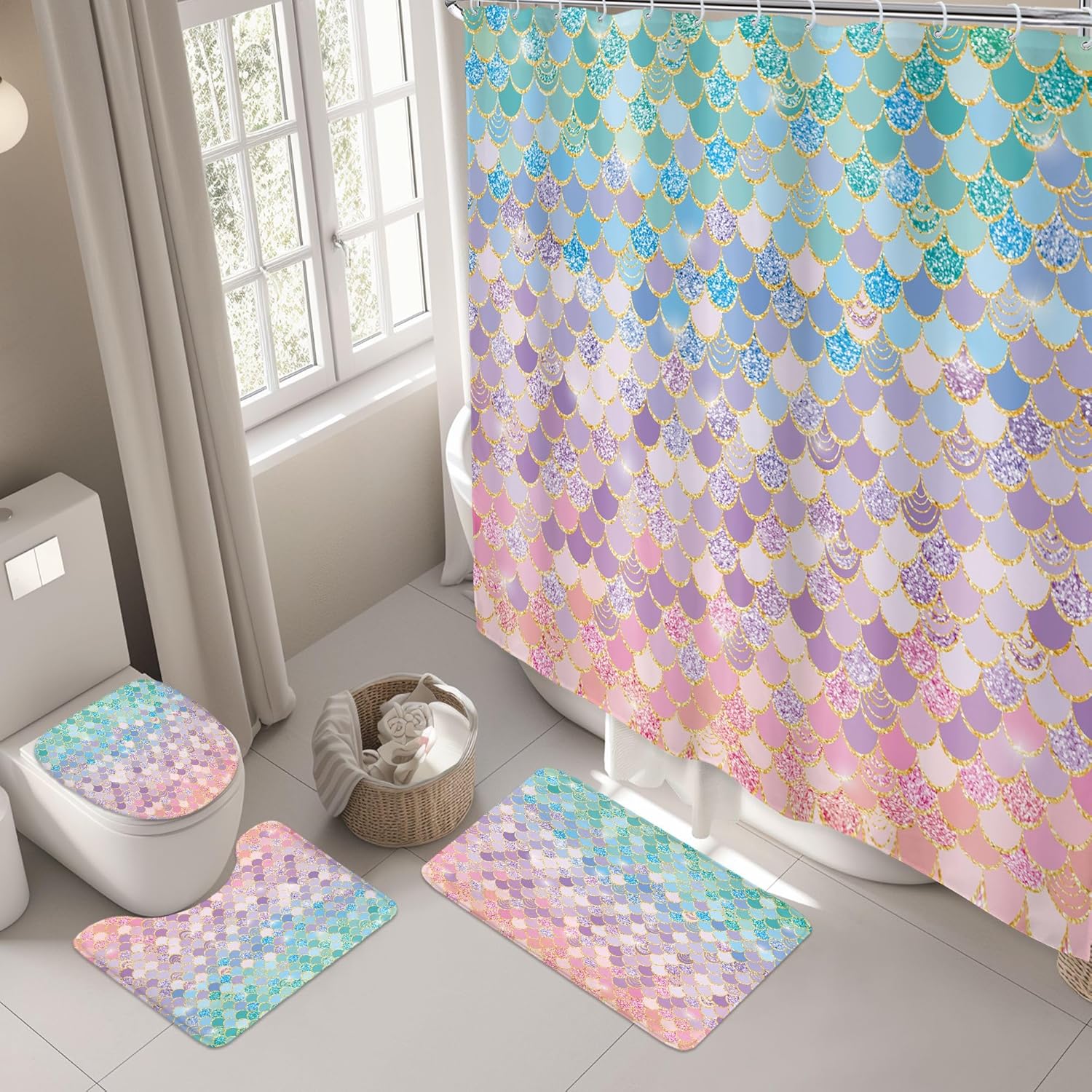 Riyidecor Mermaid Scales 4Pcs Bathroom Shower Curtain Sets Kids Pink Girls Ocean Sea Sparkly Iridescent Bathroom Decor Set with Rugs and Accessories Toilet Lid Rug, Contour and Bath Mat with 12 Hooks