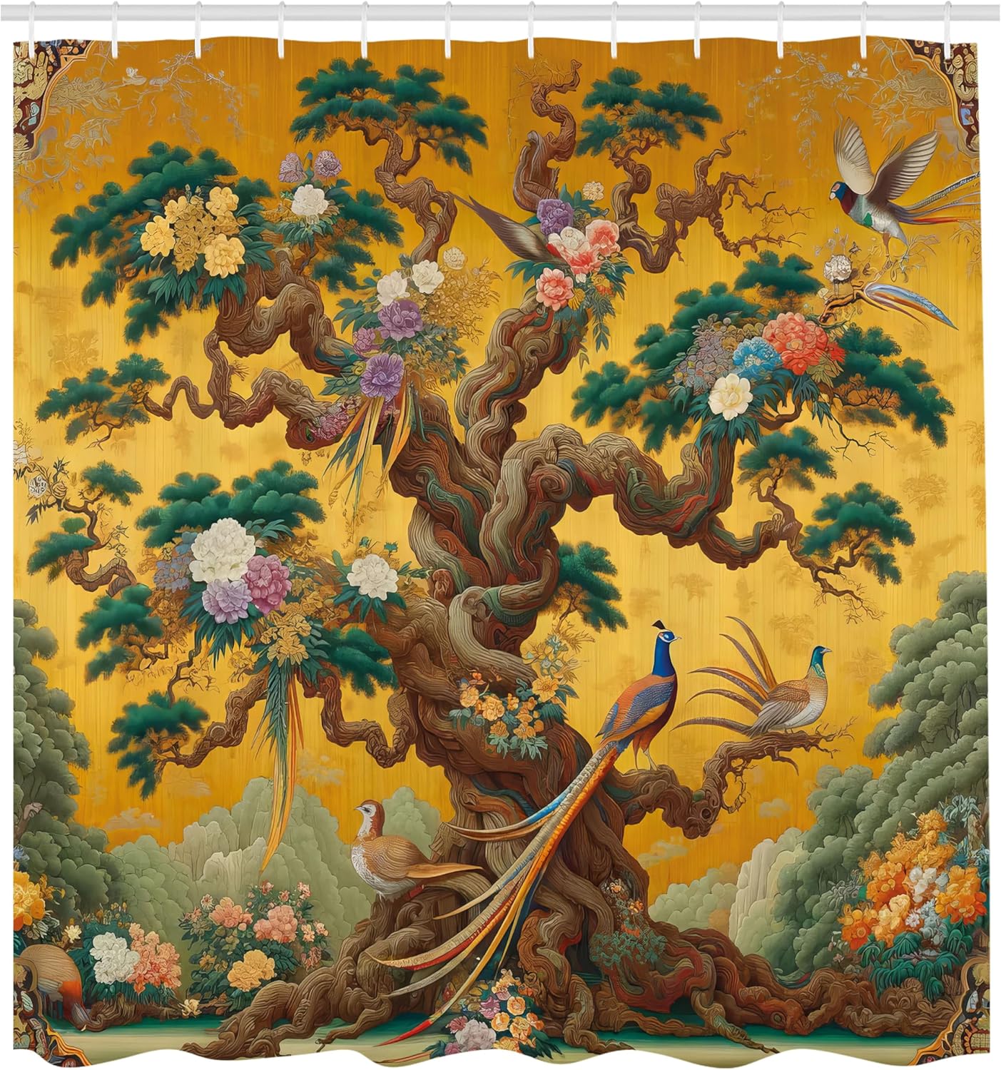 Ambesonne Vintage Shower Curtain, Cartoon Scenario Swirly Vines of Earthy Tree with Leafy Floral Peacocks, Cloth Fabric Bathroom Decor Set with Hooks, 69" W x 84" L, Ginger Teal Multicolor