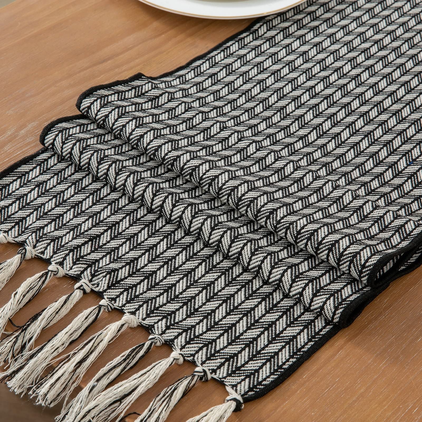 Tischläufer Hochzeit Polybaumwolle, Tischläufer Modern 35x220 cm, Weizenmuster Gewebt mit Quasten