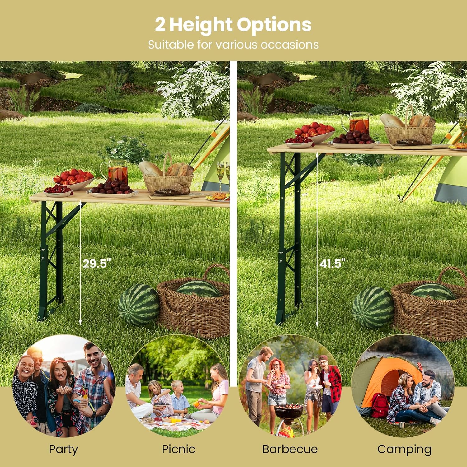 Giantex Folding Picnic Table, 66.5” Outdoor Patio Beer Table with Adjustable Heights, Rectangular Wood Portable Dining Table for Camping, RV, Garden, Party, Backyard, Natural