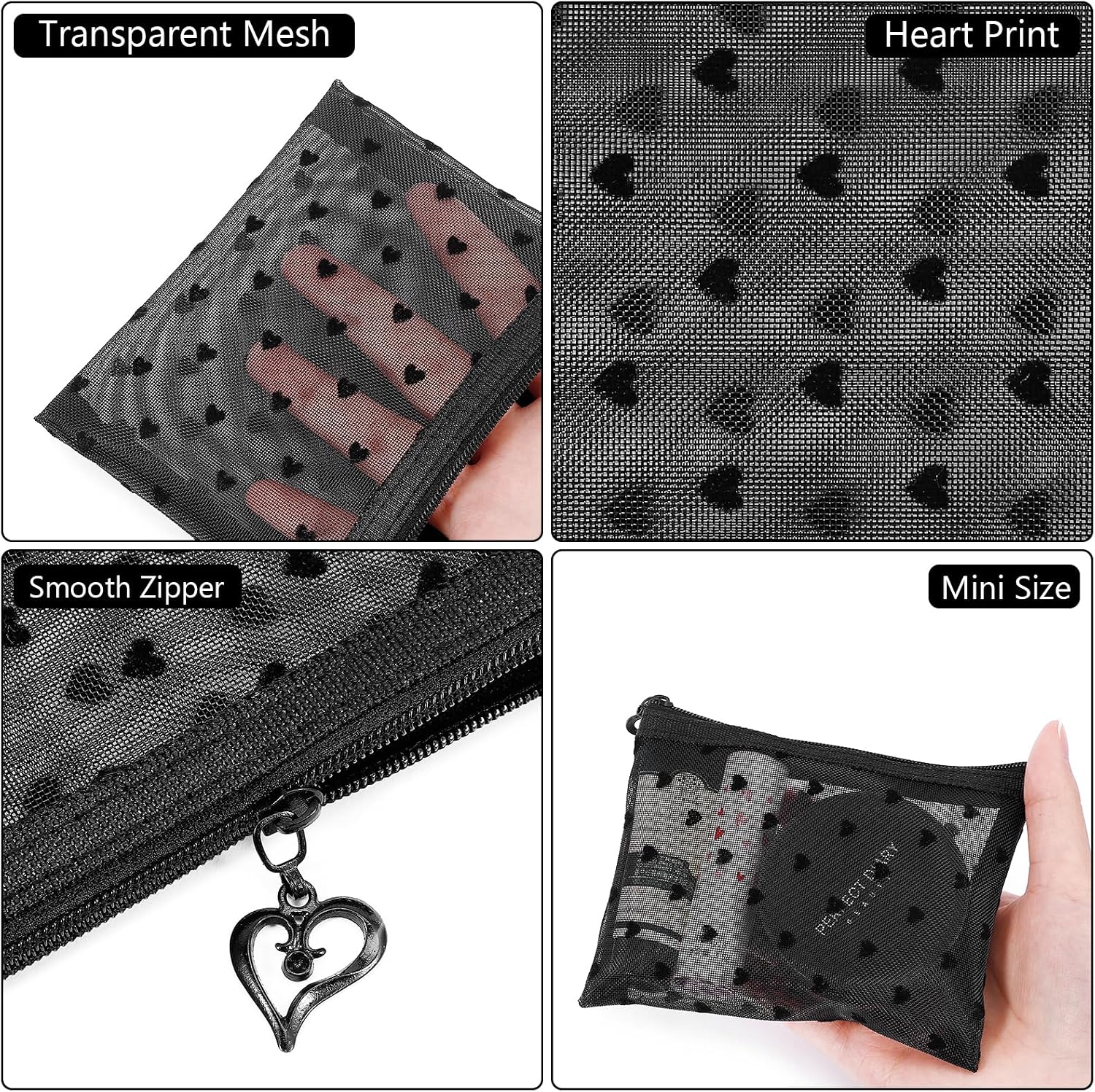 6 Pack Mini Zipper Mesh Makeup Bags, Heart Print Nylon Cosmetic Bags Toiletry Bags for Office Travel Organization (Black, S) image 3