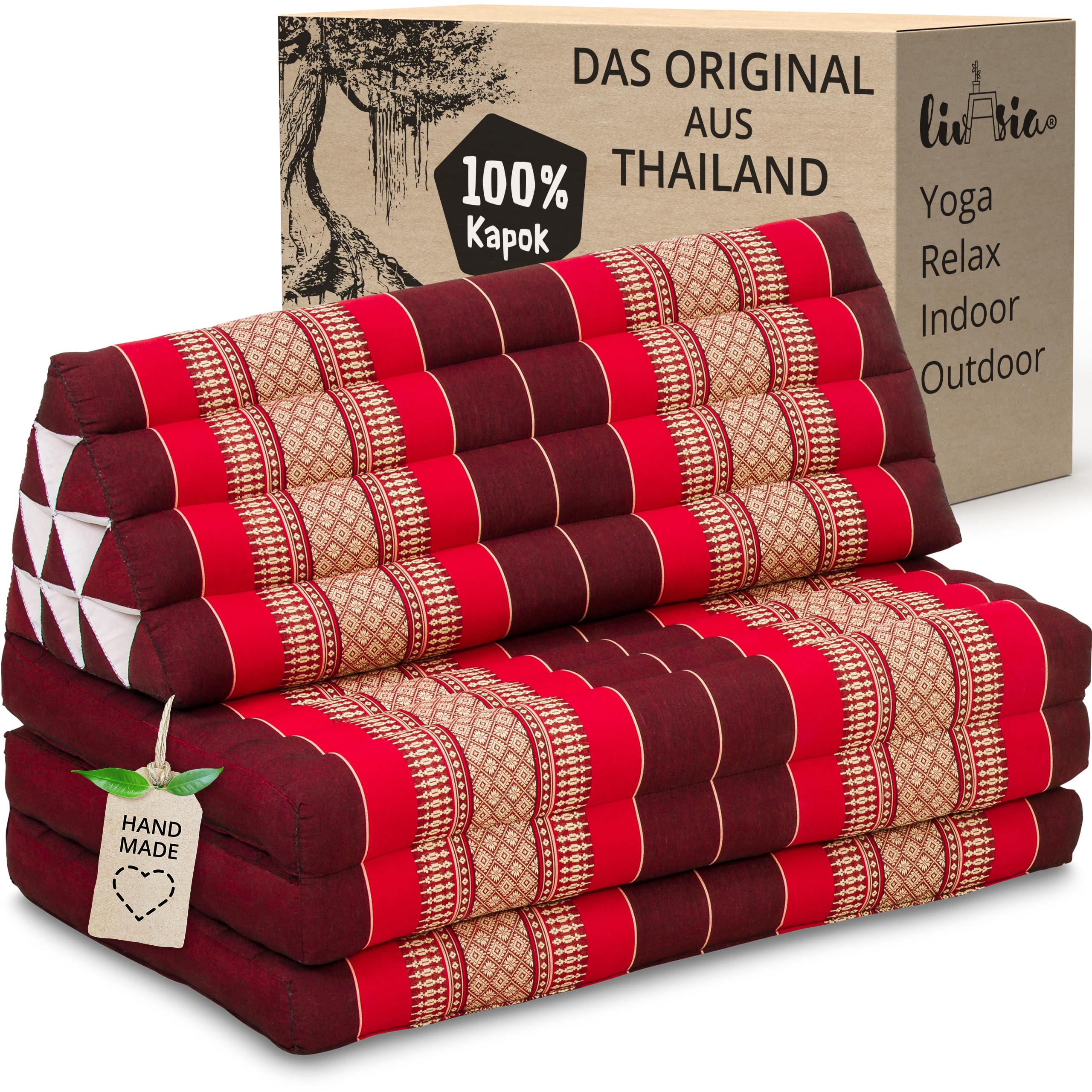 livasia Thaikissen 3 Auflagen für Paare XXL - 190x80x8cm - Dreieckskissen Klappmatratze, extrabreit Kapok, Rückenkissen faltbar, Thaimatte zum Klappen, Meditationskissen (Rubinrot)