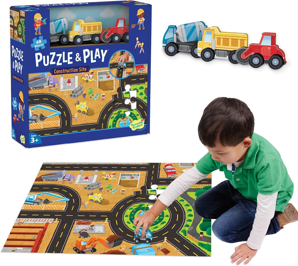 Peaceable Kingdom Puzzle and Play: Sitio de construcción – Rompecabezas de 48 piezas que incluye 3 vehículos de construcción de madera, ideal para uso en el hogar o en el aula, para niños de 3 años en adelante