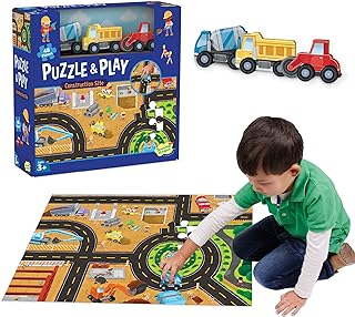 Peaceable Kingdom Puzzle and Play: Construction Site â€“ 48-Piece Puzzle Includes 3 Wooden Construction Vehicles â€” Great for Home or Classroom Use â€” for Kids Ages 3 & Up