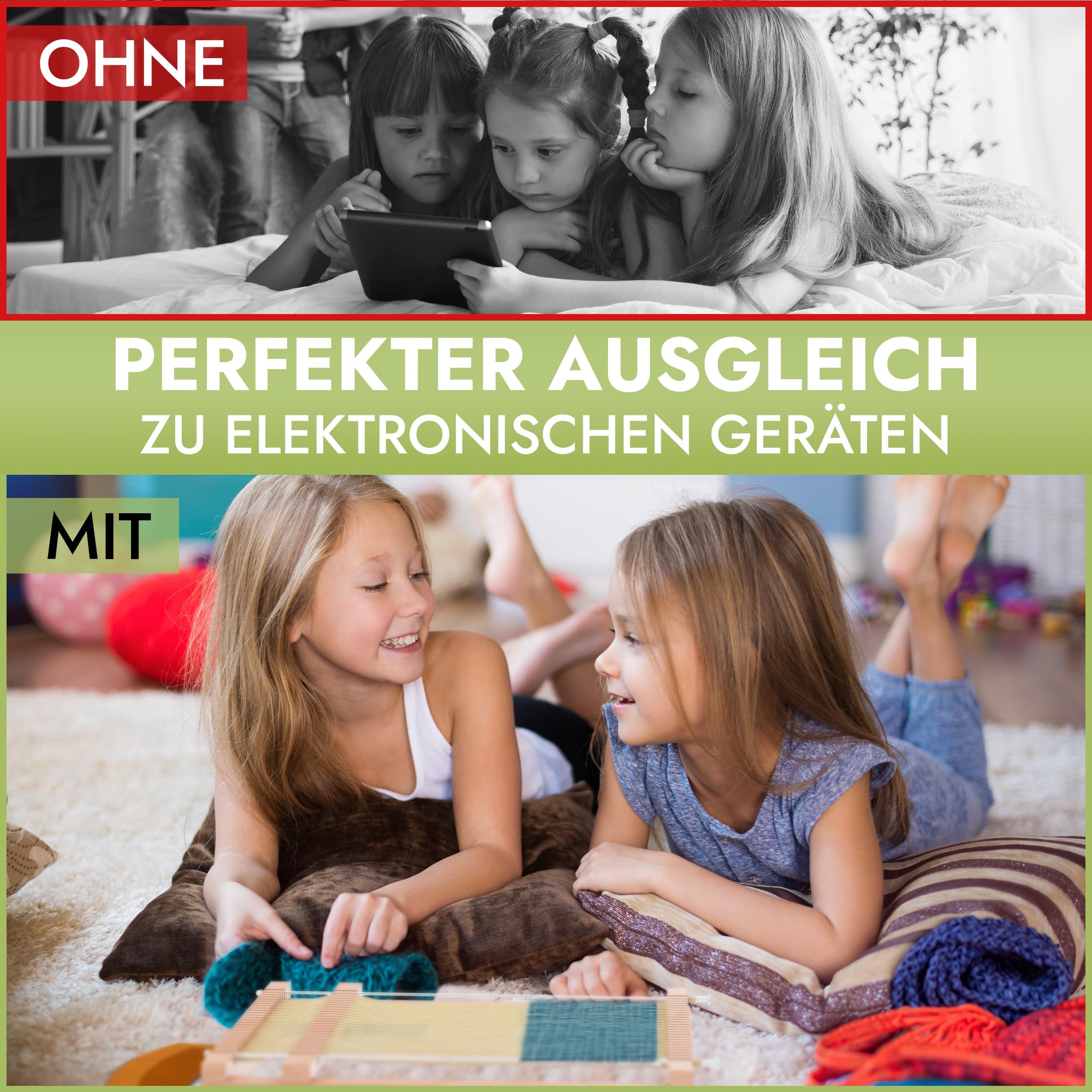 RICNEV® Webrahmen für Kinder |Hochwertiger Holz Webrahmen Komplett-Set inkl. vier Wollfarben, Kettgarn und Zubehör aus Holz Webbreite 15 cm | Schulwebrahmen für Anfänger
