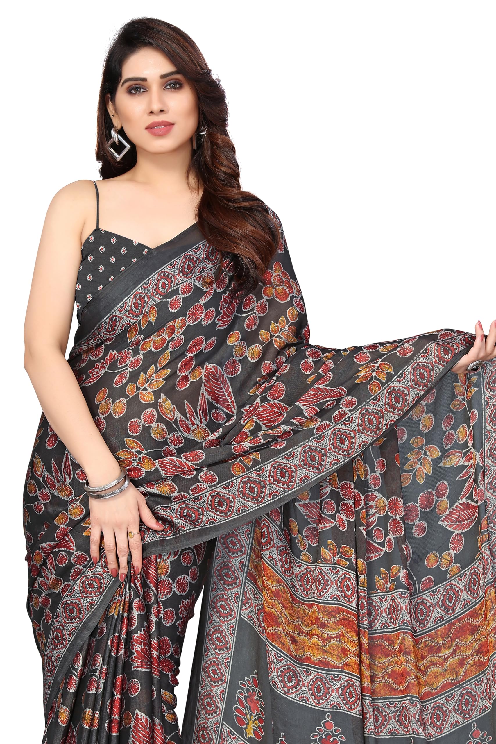 MIRCHI FASHIONWomen's Designer Chiffon Floral Leaf Printed Saree with Blouse Piece