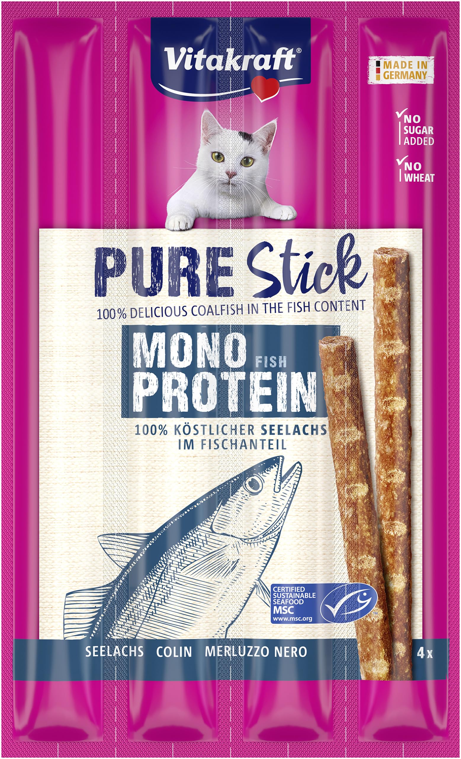 Vitakraft Pure Stick, Katzen Leckerli, fleischiger Stick, mit Seelachs, einzelne Sticks, auch für ernährungssensible Katzen, Vorratsgröße (20x 20g)