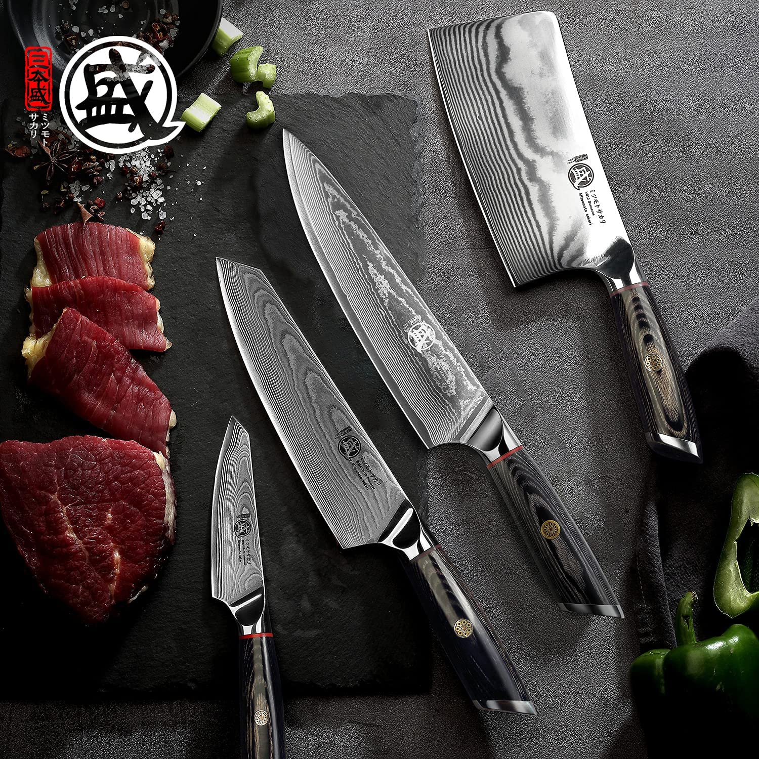 MITSUMOTO SAKARI 18 cm Coltelli da Cucina Giapponese Kiritsuke, AUS-10 Damasco Coltello da Chef, Mano Forgiato Professionale Coltello da Carne Cuoco con Manico& Scatola di legno Boutique