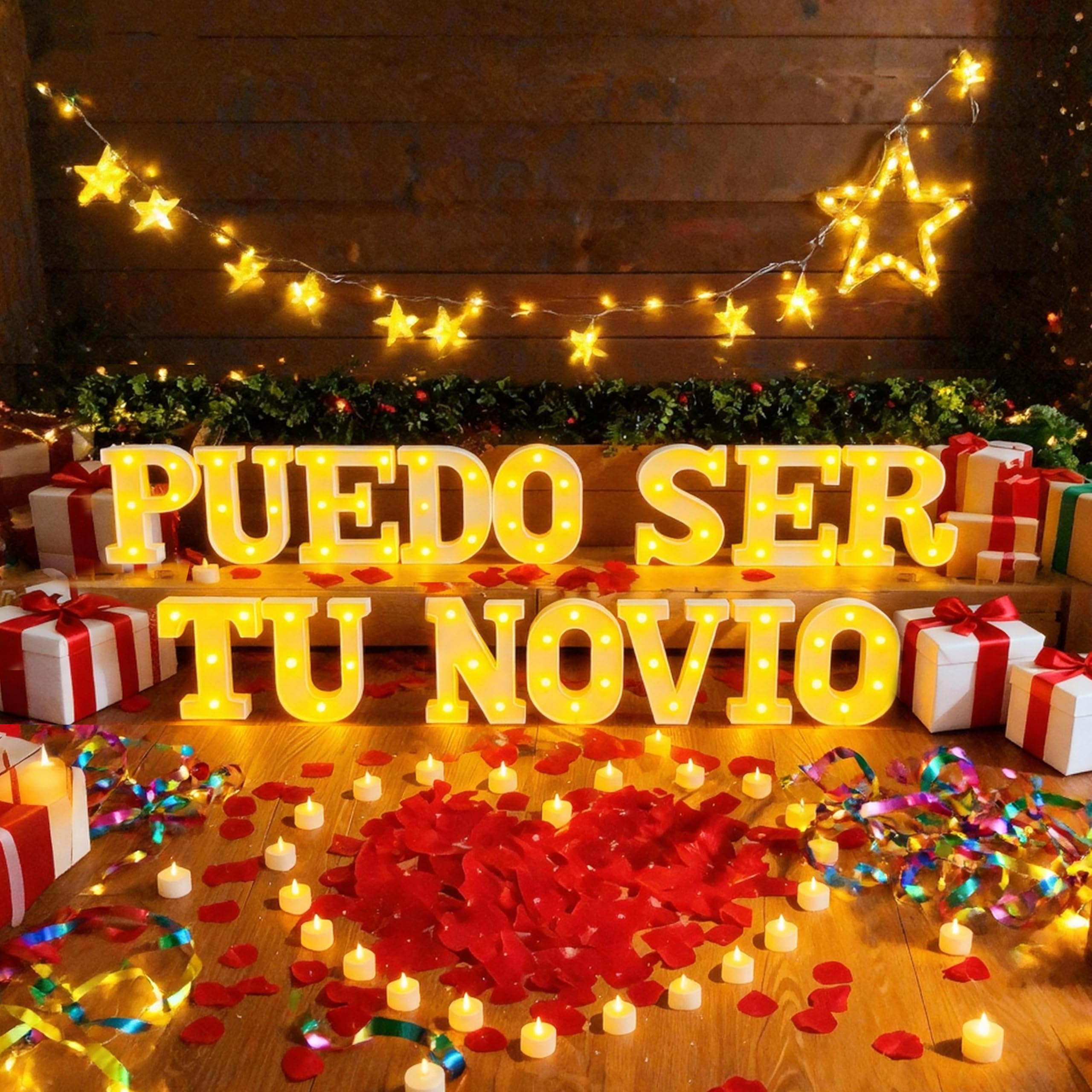 Puedo Ser Tu Novio - Juego de letras iluminadas que proponen decoraciones incluye 15 letras de luz LED y 1000 pétalos de rosa adornos para el día de San Valentín