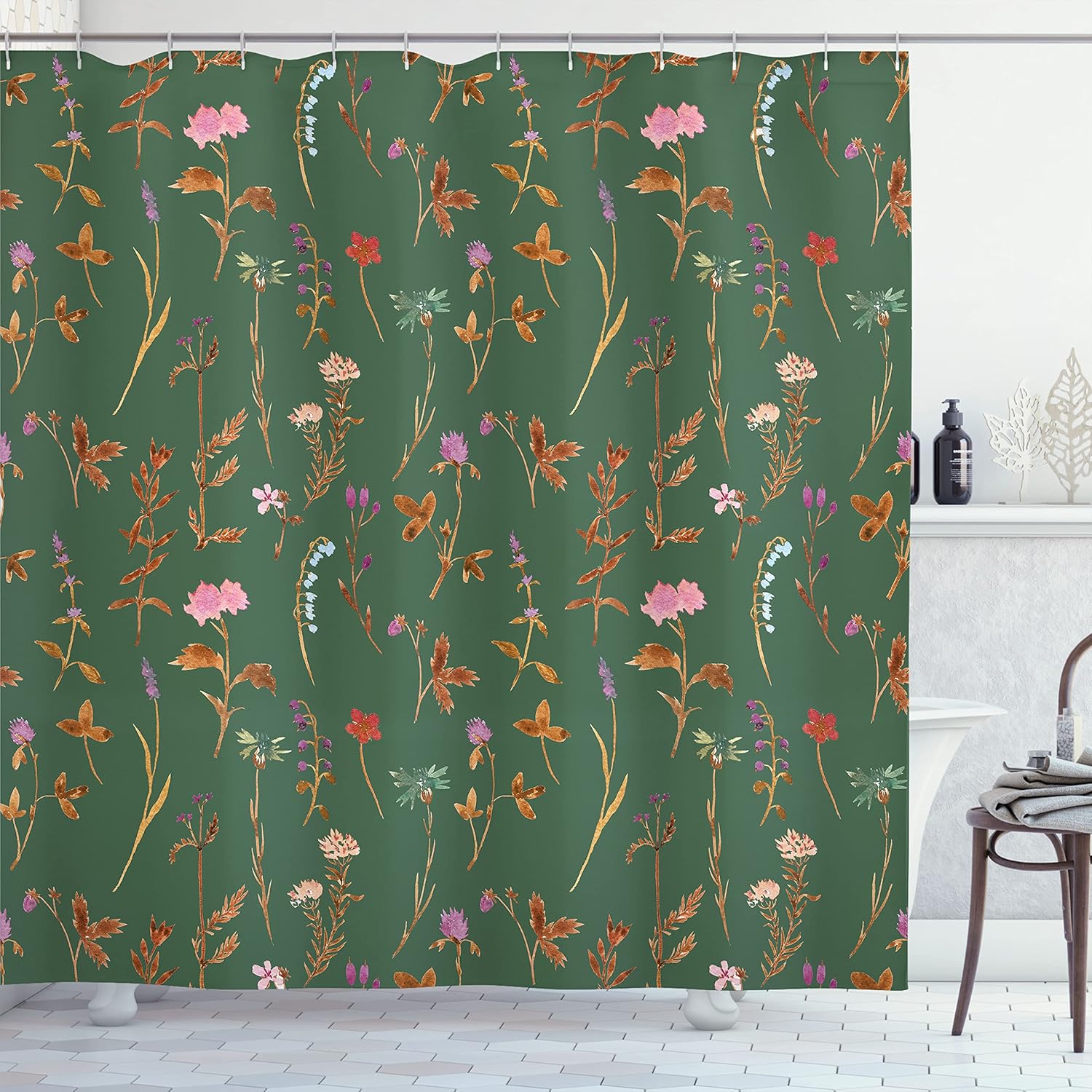 Ambesonne Floral Shower Curtain, Spring Season Themed Watercolors Painting of Herbs Flowers Botany Garden Artwork, Cloth Fabric Bathroom Decor Set with Hooks, 69" W x 84" L, Green Reseda