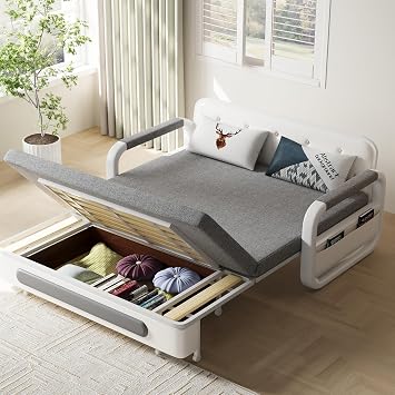 Convertible 128cm Sofa Bed with Storage Grey Sleeper Futon for Small Spaces