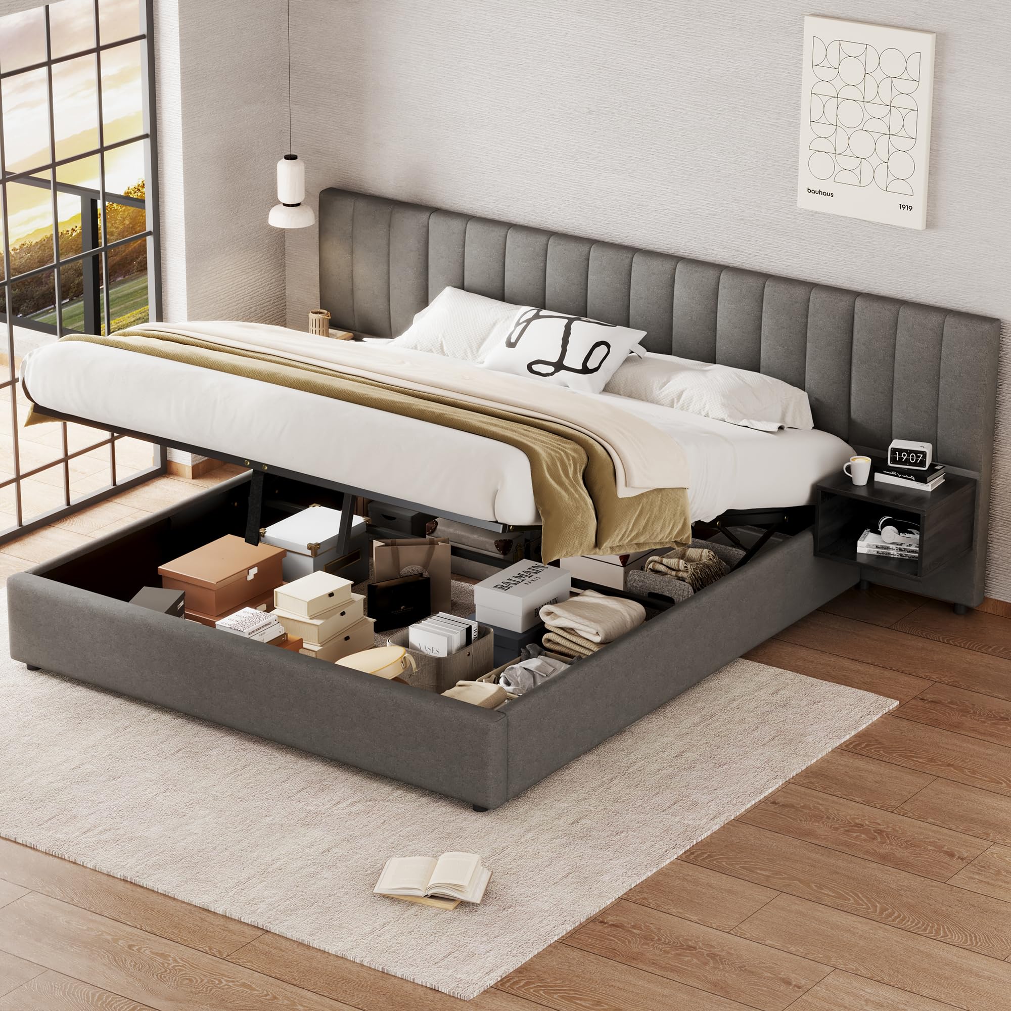 Cama Tapizada 180 x 200 cm con Almacenaje Hidráulico y Dos Mesillas con Cajones, Somier de Láminas de Madera, Cama para Dormitorio de Adultos y Jóvenes, Fácil Montaje, Tela Lino, Gris y Negro