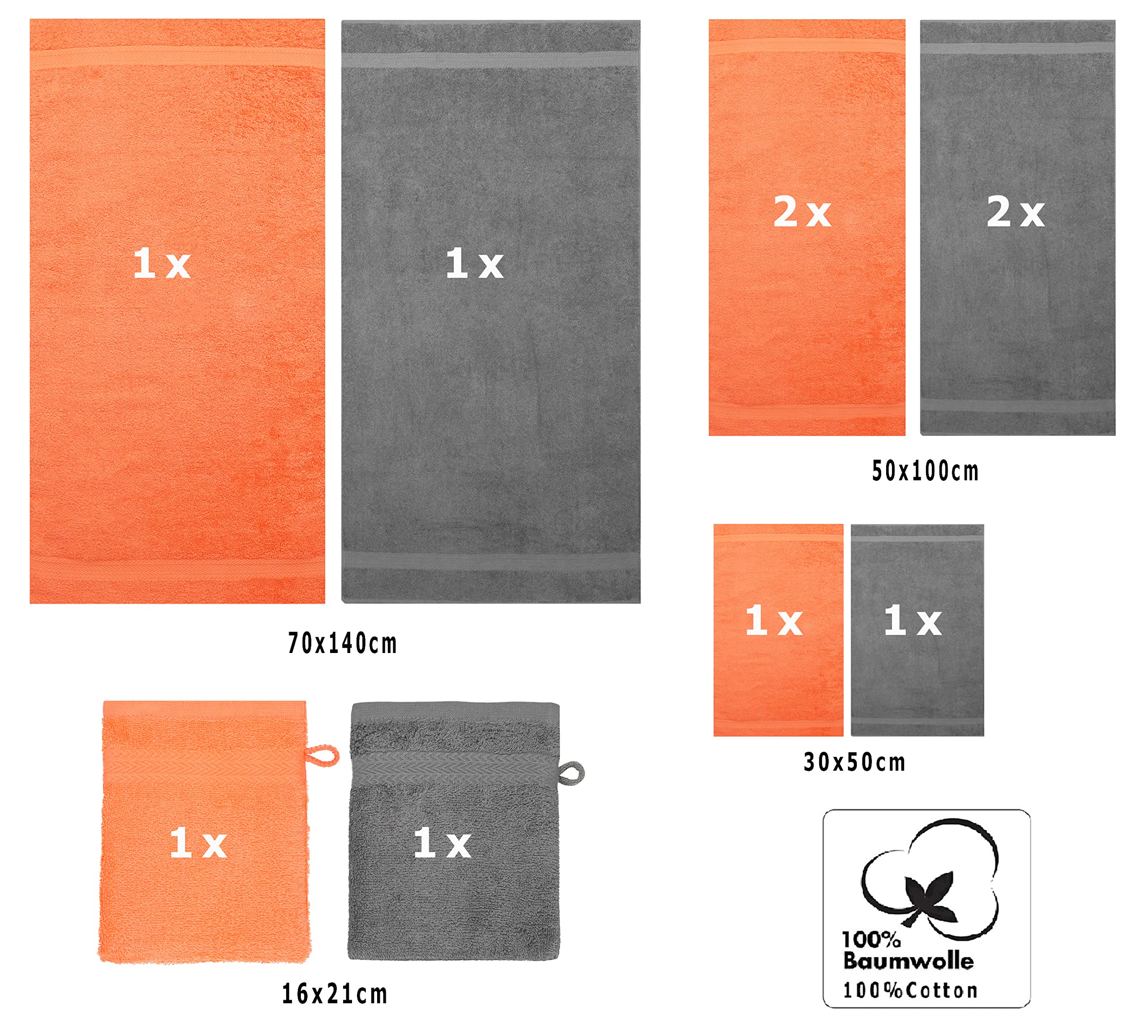 Betz Juego de Toallas de 10 Piezas 2 Toallas de baño 4 Toallas de Mano 2 Toallas para Invitados 2 Manoplas de baño 100% algodón Toalla Ducha baño Mano Premium de Color Gris Antracita y Naranja