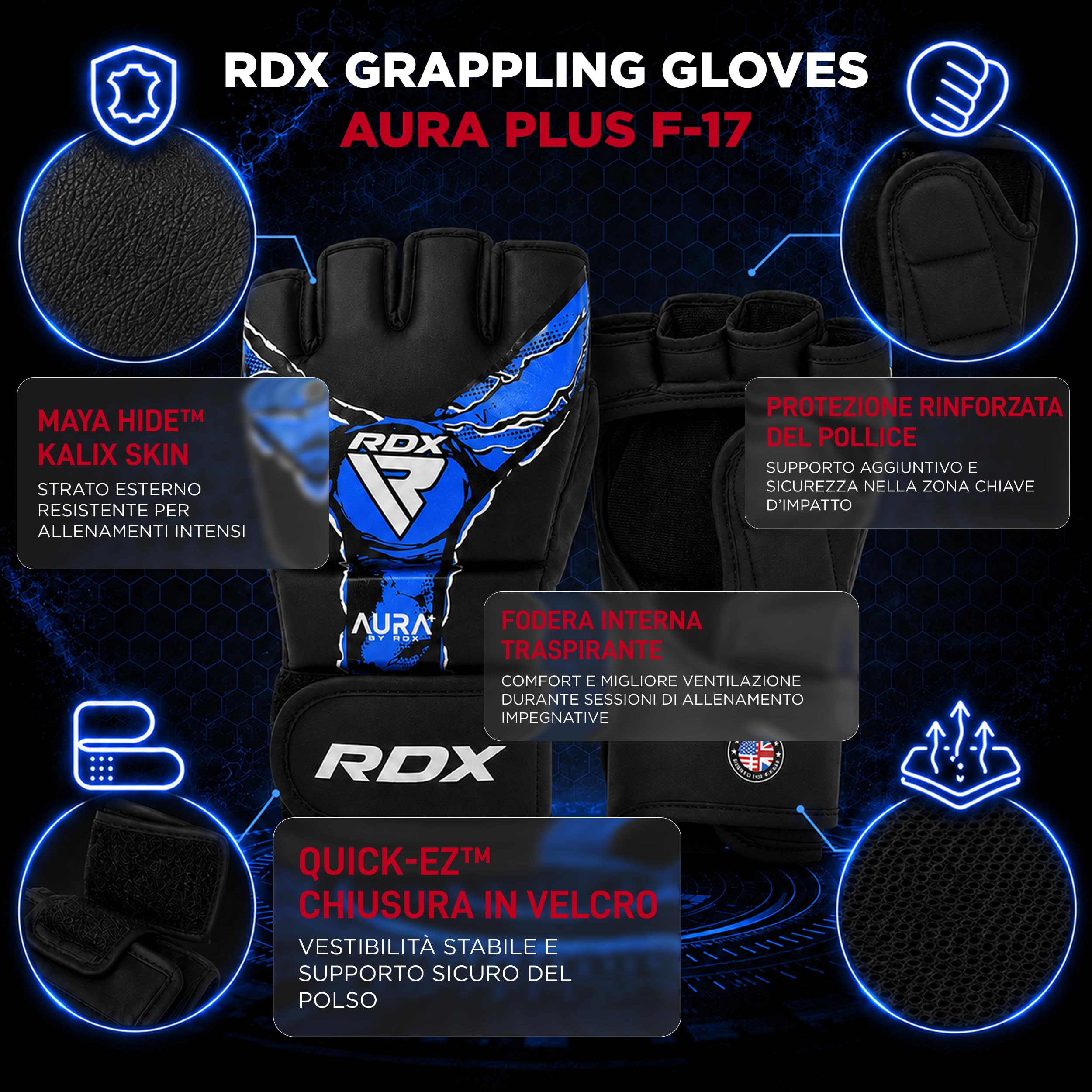 RDX Guanti Grappling Aura Plus F-17, Guanti MMA con Protezione Rinforzata per il Pollice, Guanti MMA Sparring per Sparring e Allenamento, Guanti da Boxe MMA in Pelle Sintetica per Uomo e Donna