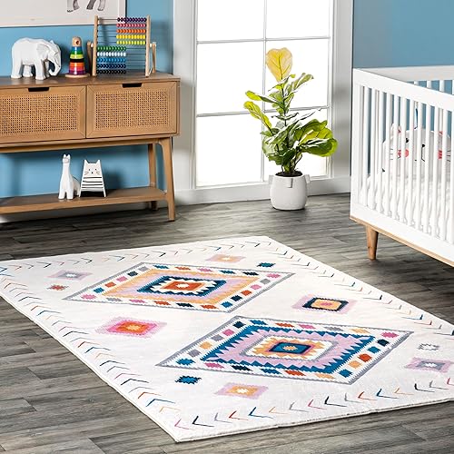 nuLOOM Marj Southwestern - Alfombra infantil lavable a máquina, 4 x 6, color blanco multicolor