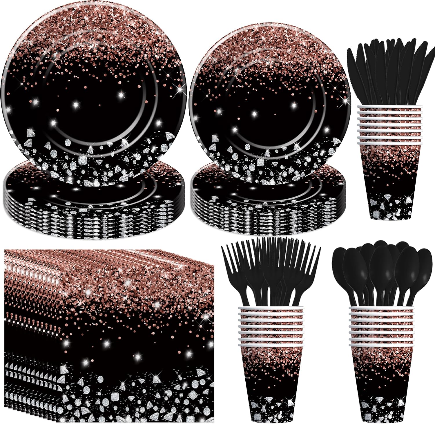 Xigejob Rose Gold And Black Party Decorations Tableware – Glitter Diamond Theme …