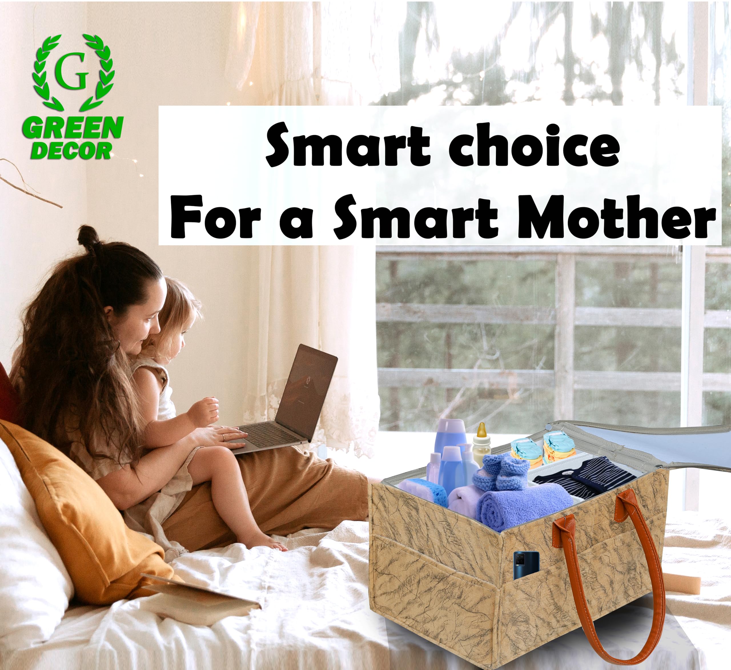 GREEN DECOR - Heavy Duty 400 GSM Non Woven Fabric Cute Diaper Caddy Bag with Handles & Zip Lock for Smart Mothers Baby Wipes Felt Storage Organizers,Foldable and Portable (Marble Sepia-18X12X9 Inch) - Image 7 thumbnail