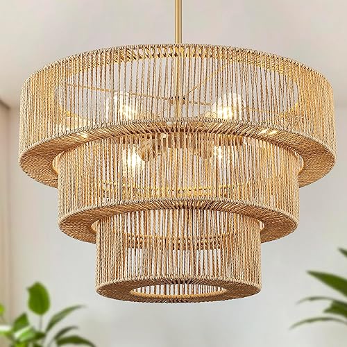 Lámpara de araña bohemia de ratán tejida a mano de 25 pulgadas, 6 luces colgantes para isla de cocina, 3 lámparas redondas grandes tejidas para