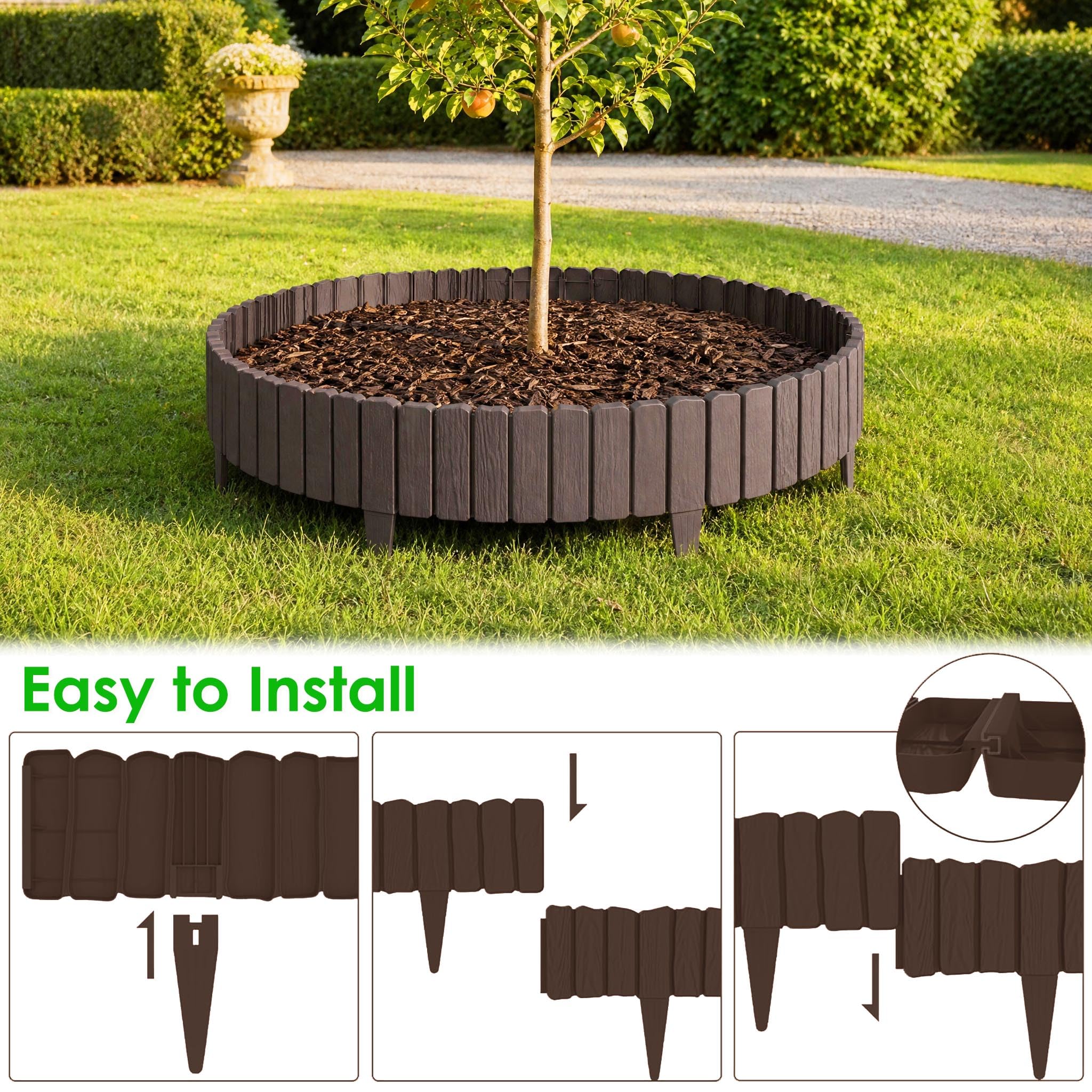 Lot de 12 bordure per prati in plastica - 57 x 23 cm - Bordura per aiuole da giardino con picco da 10,5 cm - Aspetto legno - Protezione contro le radici - Nastro per bordura del prato in