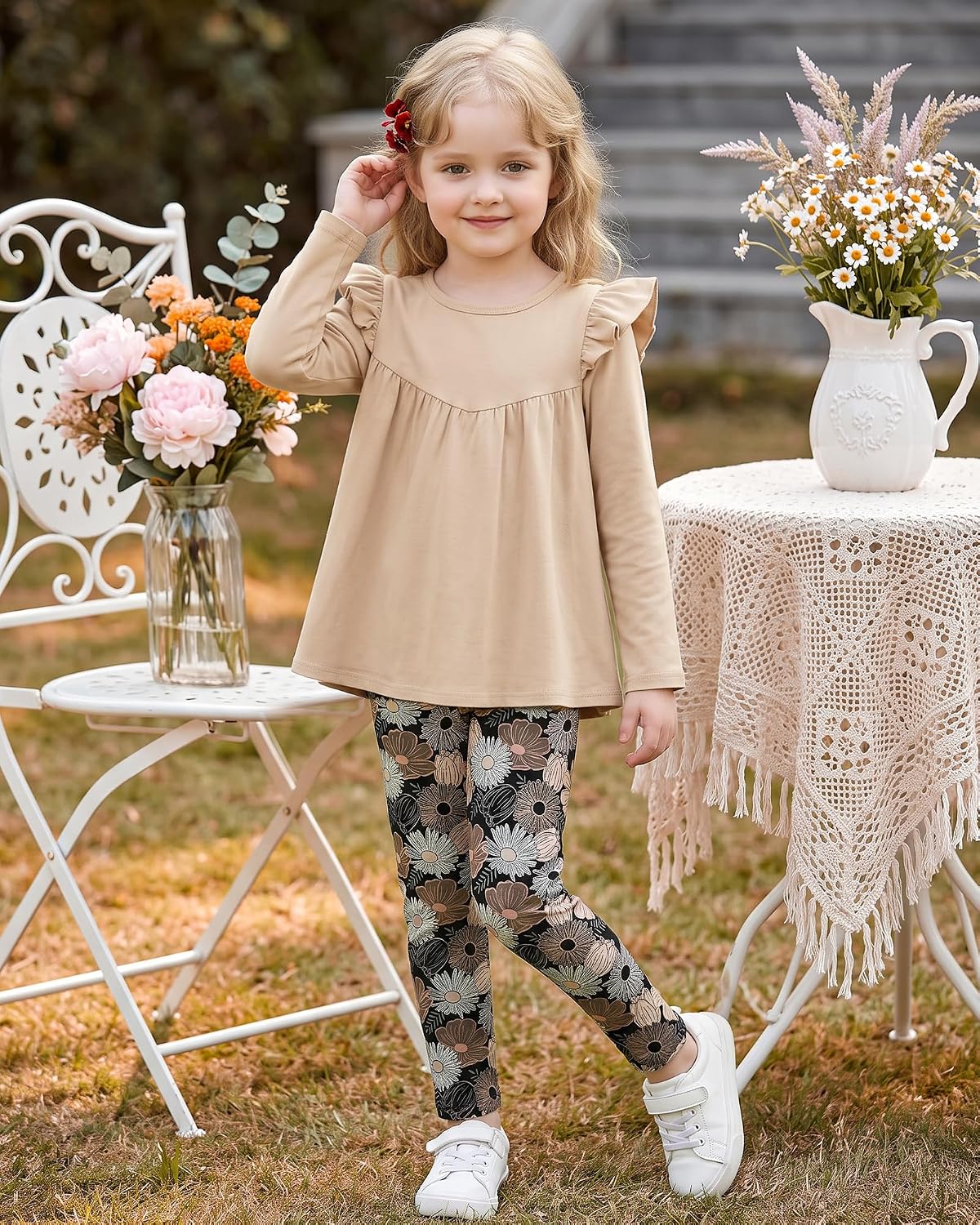 WESIDOM Toddler Girl Clothes Fall Outfits Ruffle Top Floral Pants Set 2-8Y