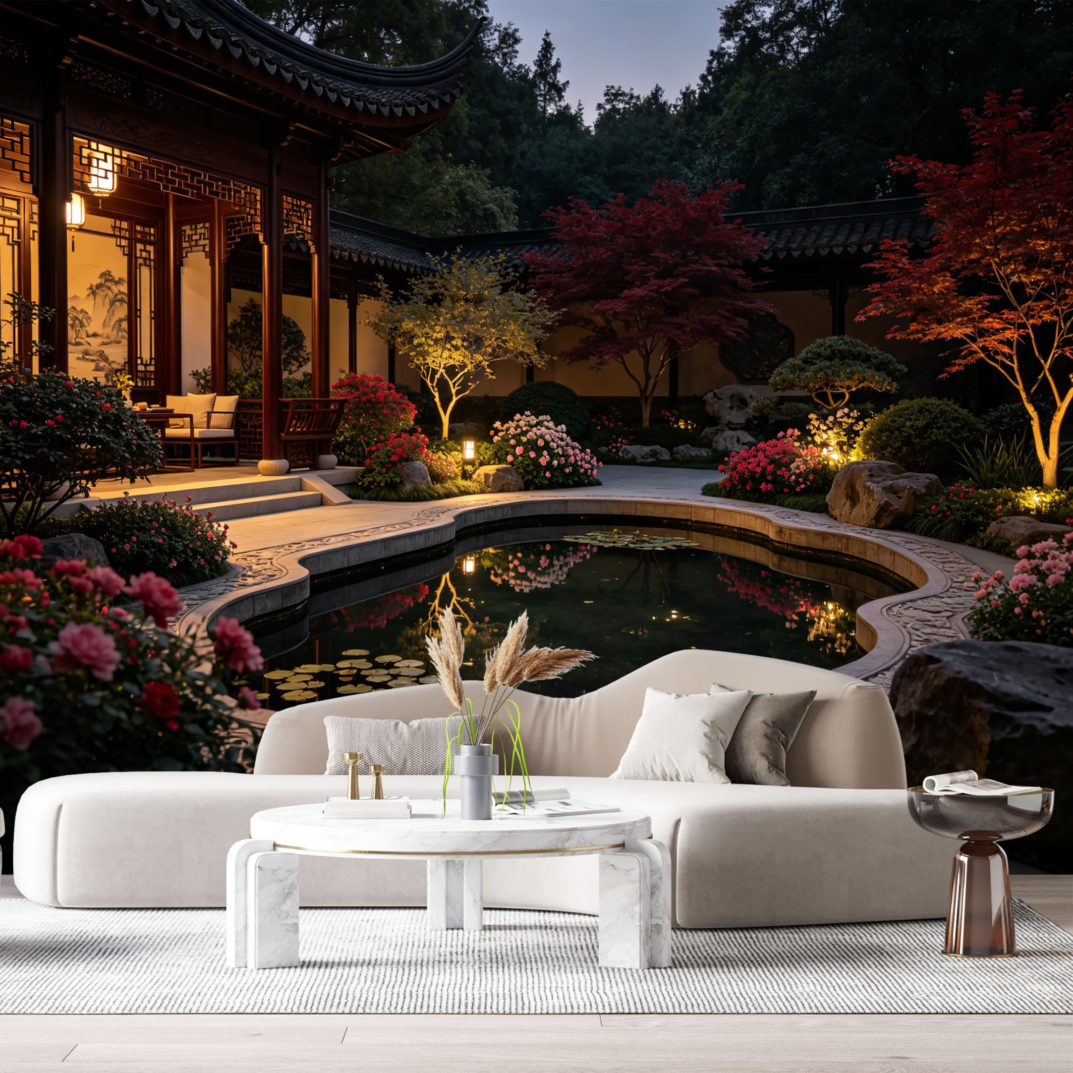 Custom Size Wall Murals Oriental Garden Landscape Water Lily Pond Traditional Courtyard Night Lights SelfAdhesive Wall Fabric Removable Large Wallpaper for Photo Living Room