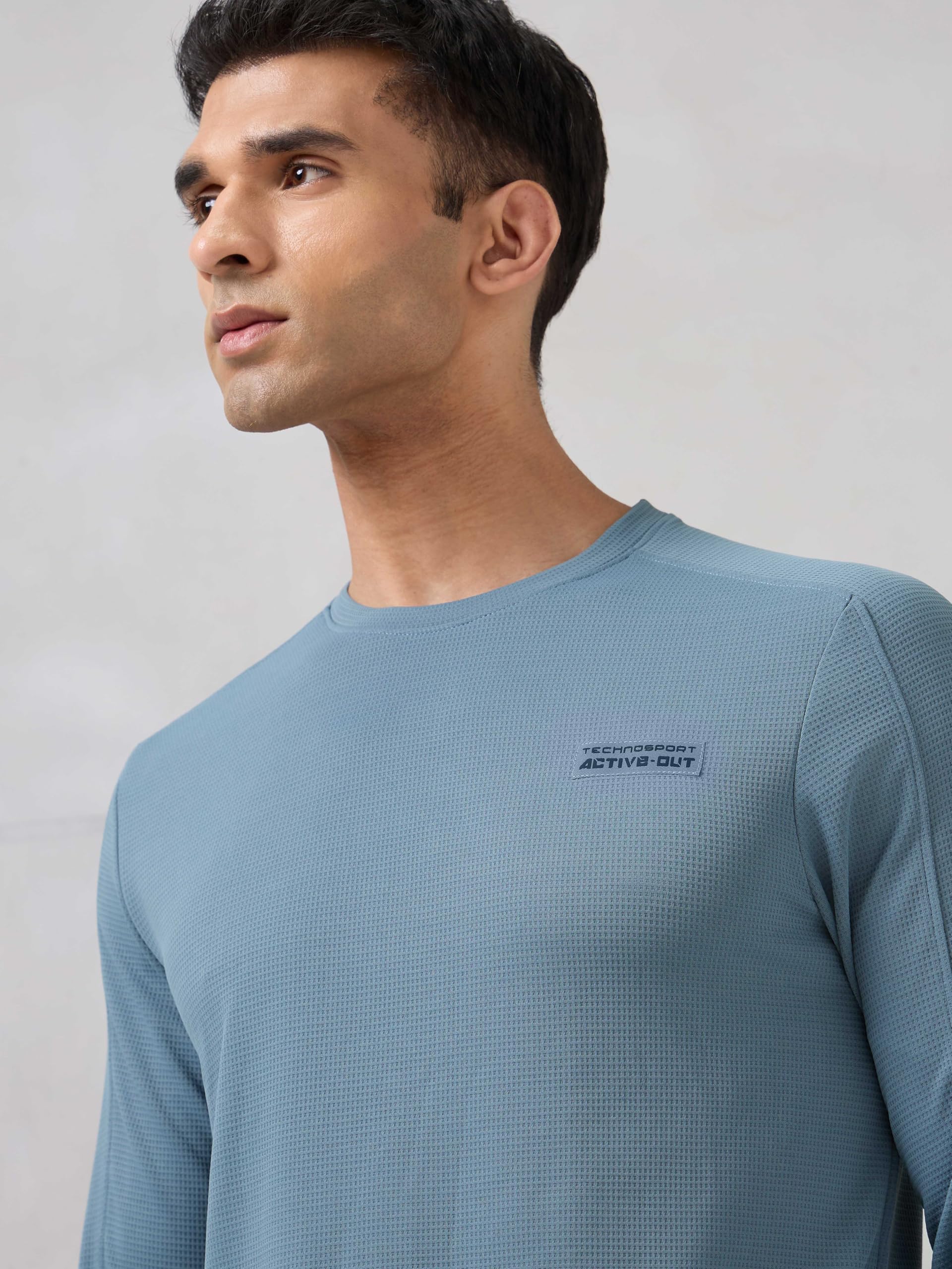 TECHNOSPORT Men's Slim Fit Textured Crew Neck Full Sleeve Active Out T-Shirt for Gym, Sports & Regular Use - (MTP912BLE_Blue Stone_M) 1