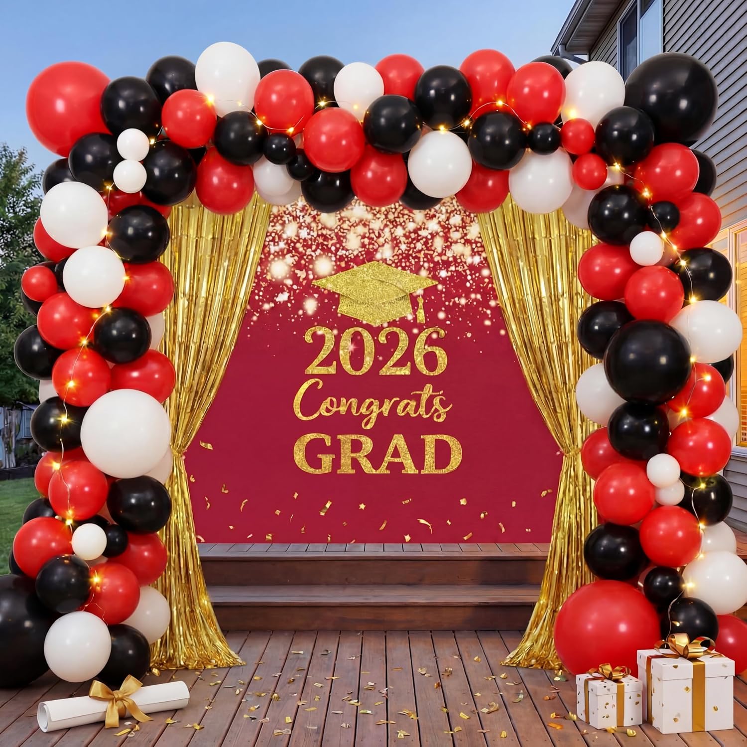 Graduation Party Decorations- Large Outdoor 2026 Graduation Banner with Balloon Arch and Gold Curtain Backdrop- Red Gold 47x71" Graduates Porch Sign for High School College Party Supplies