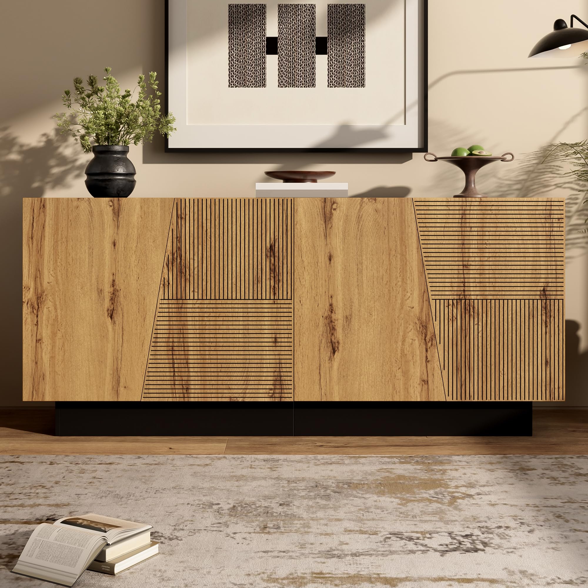 vutizal Aparador blanco con diseño geométrico y curvas, mueble de comedor grande, armario con bisagras silenciosas – Moderno aparador para sala de estar, 160 cm
