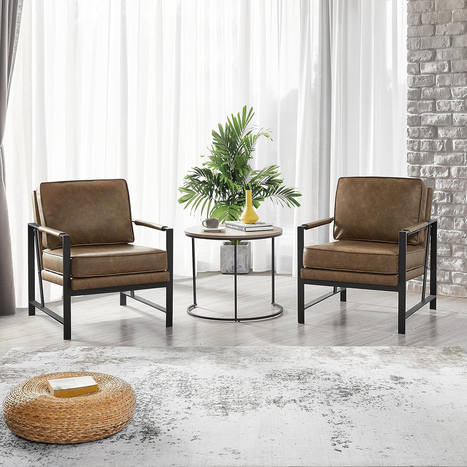 Yaheetech PU Leather Armchairs, Retro Leisure Accent Chair with Extra Soft Padded and Cushion, 105 Degree Slant Back, Modern Reading Arm Chair for Living Room/Office/Bedroom/Study, 2pcs, Brown : Home & Kitchen