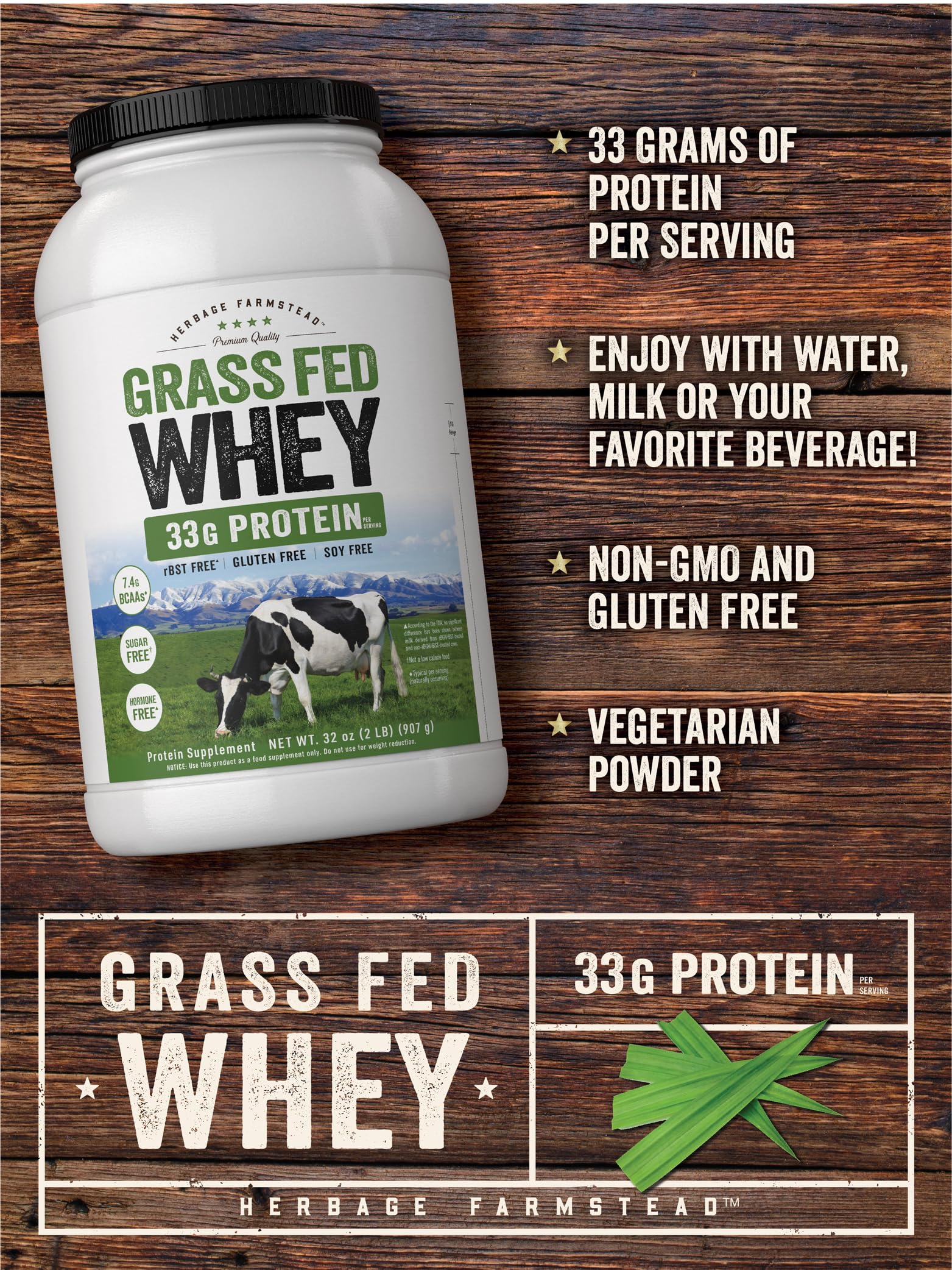 Carlyle Grass Fed Whey Protein Powder | 2lb | 33g of Protein Per Serving | Unflavored | Sugar and Hormone Free | Non-GMO and Gluten Free Supplement | by Herbage Farmstead