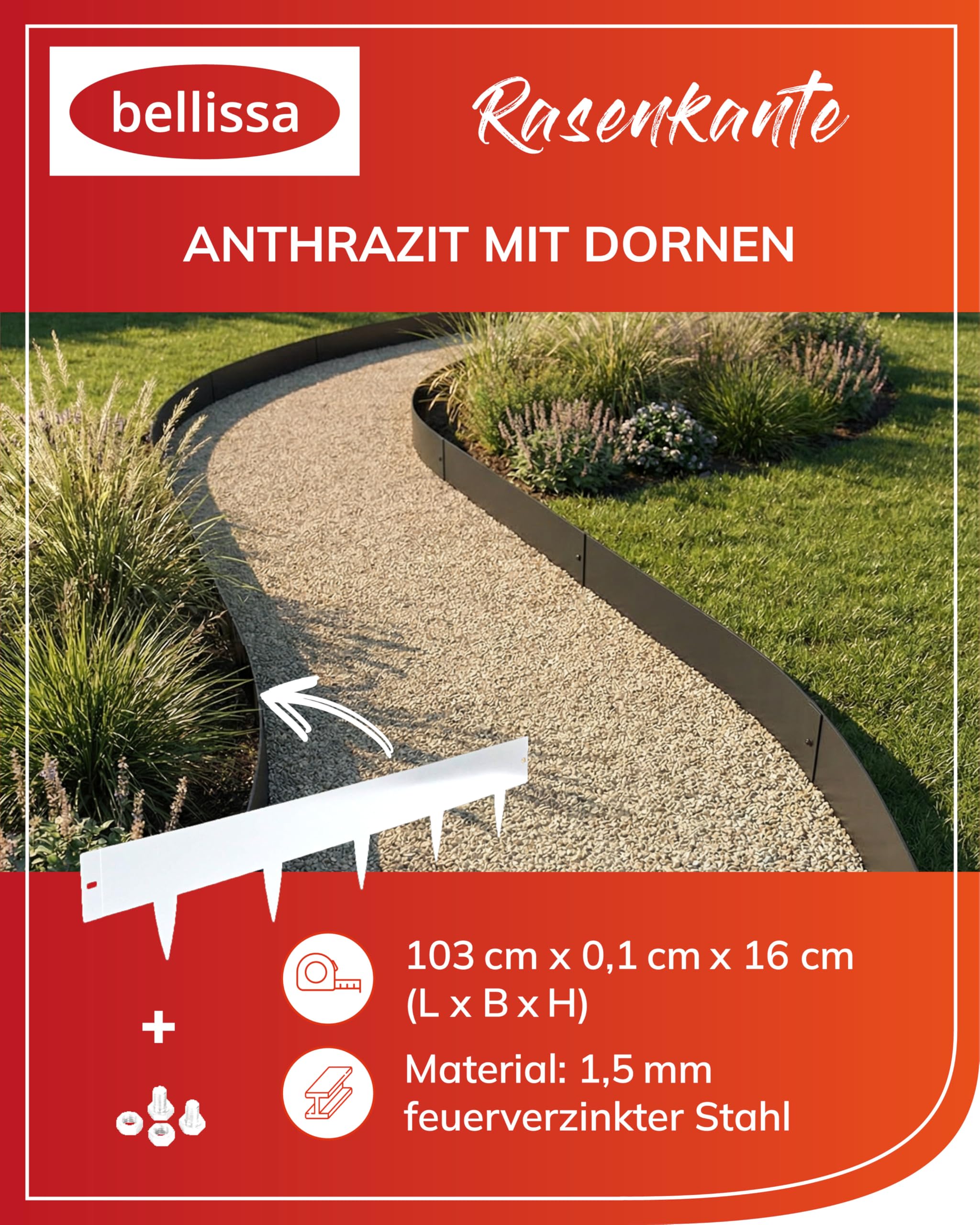 bellissa Rasenkante Spina feuerverzinktes Metall anthrazit 103x16 cm 10 m