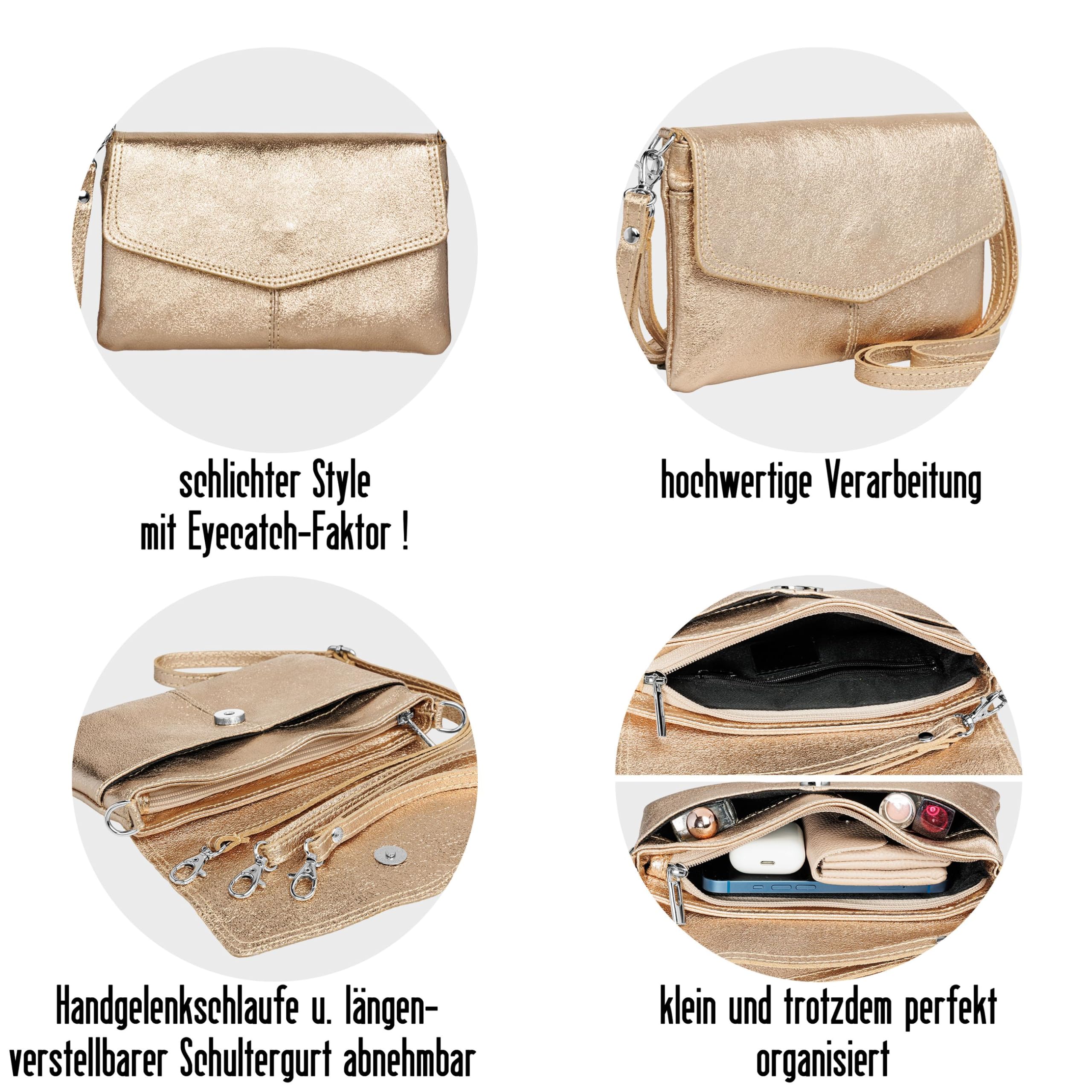 Caspar Elegante Leder Clutch Abendtasche aus samtweichem Nappaleder Damen Umhängetasche - PREMIUM LINE - Modell No.322 - Made in Italy, Farbe:silber metallic, Accessoires:One Size