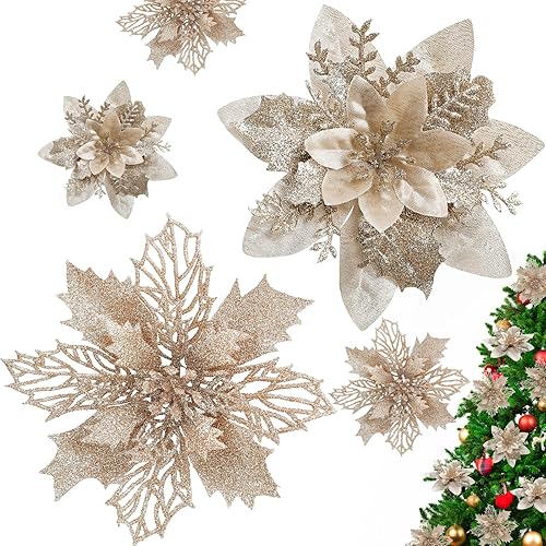 Miniatura 1 de Serwalin 20 flores de árbol de Navidad, flor de pascua champán de 5.56.3 pulgadas, flores artificiales para árbol de Navidad, decoración de