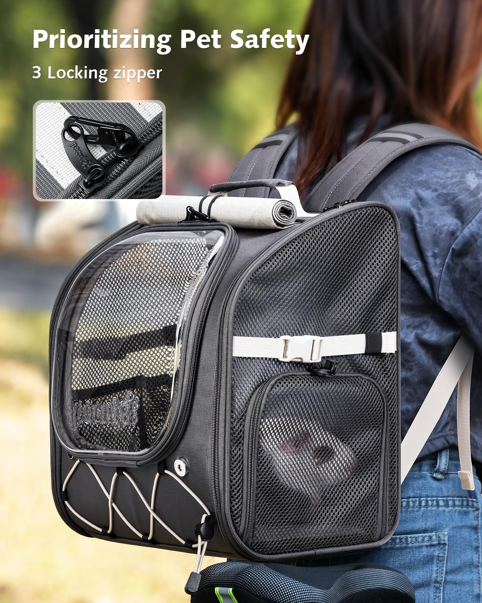 Pecute Zaino per animali domestici di piccola taglia, traspirante, stabile, con bolle, con tende a rullo per protezione solare, zaino per cani per escursioni, passeggiate, viaggi, grigio