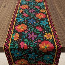 Mexican Fiesta Table Runner - Cinco De Mayo Decorations for Fiesta Party Decorations | Dia De Los Muertos Decorations Cinco De Mayo Rustic Linen Home Dining Room Kitchen Table Decor