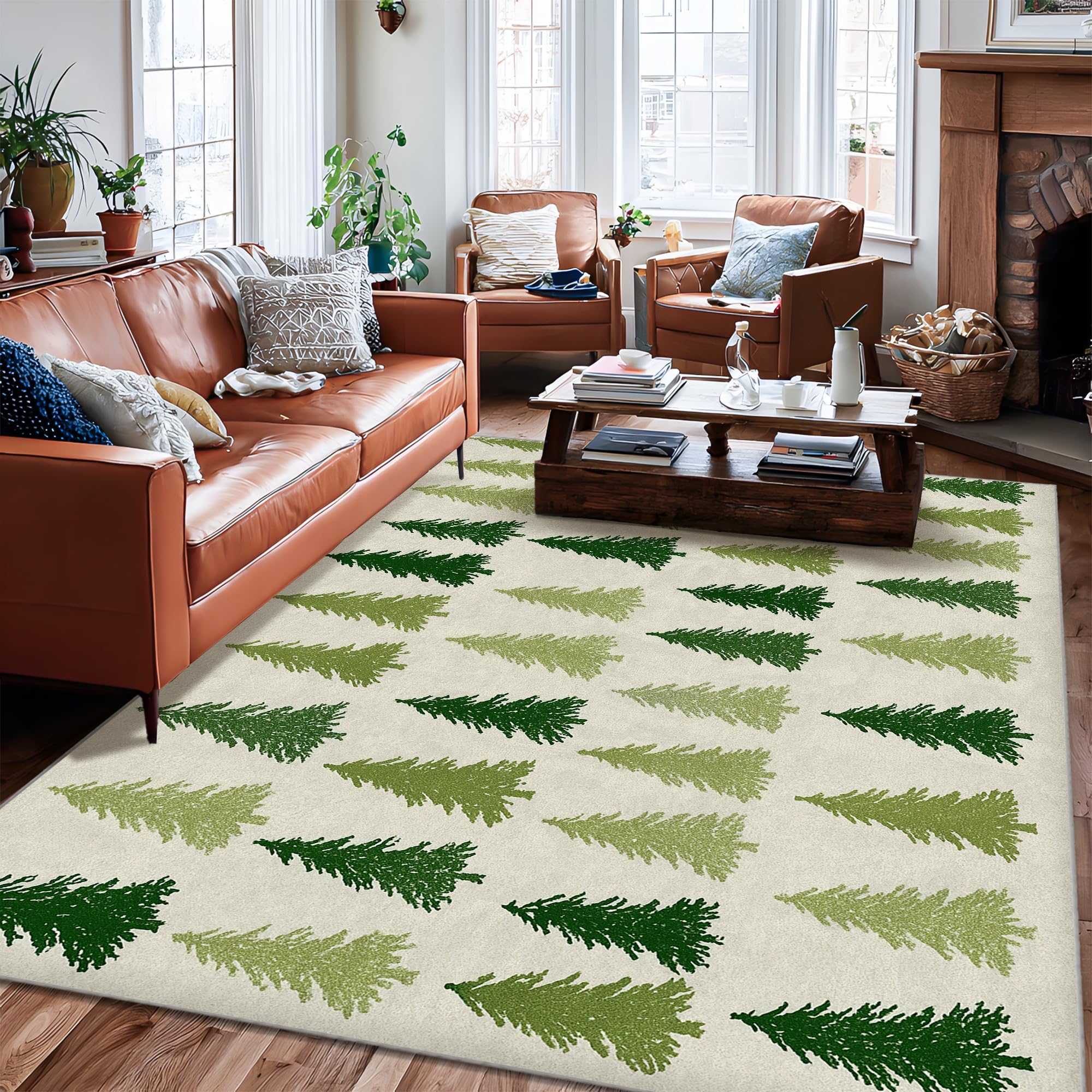 Tapis vert résistant aux taches et lavable à motif sapins rustiques