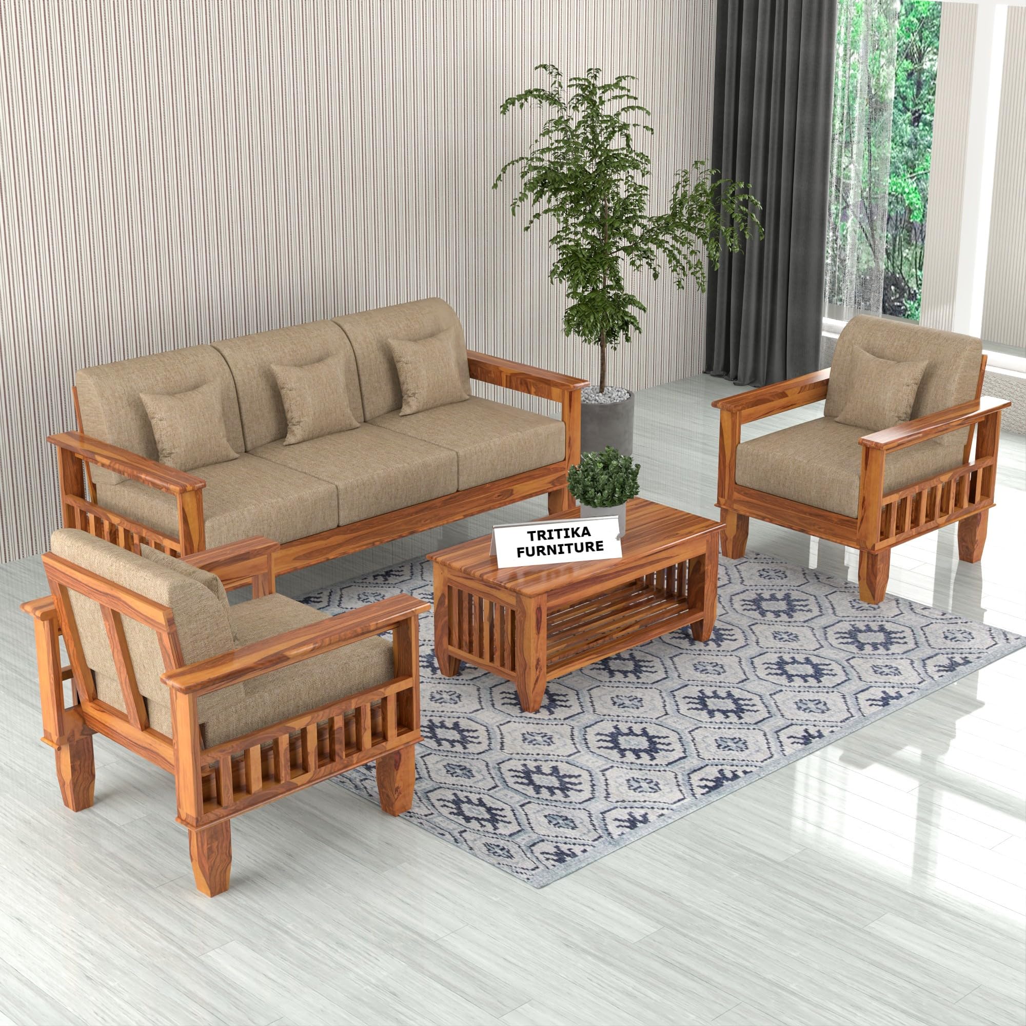 Solid Wood Living Room Sofa Set 3+1+1 Seater | Teak Finish | Beige Cushions | Mission Style Design | Handcrafted Wooden Furniture for Home & Office Decor (Brown)-image-44