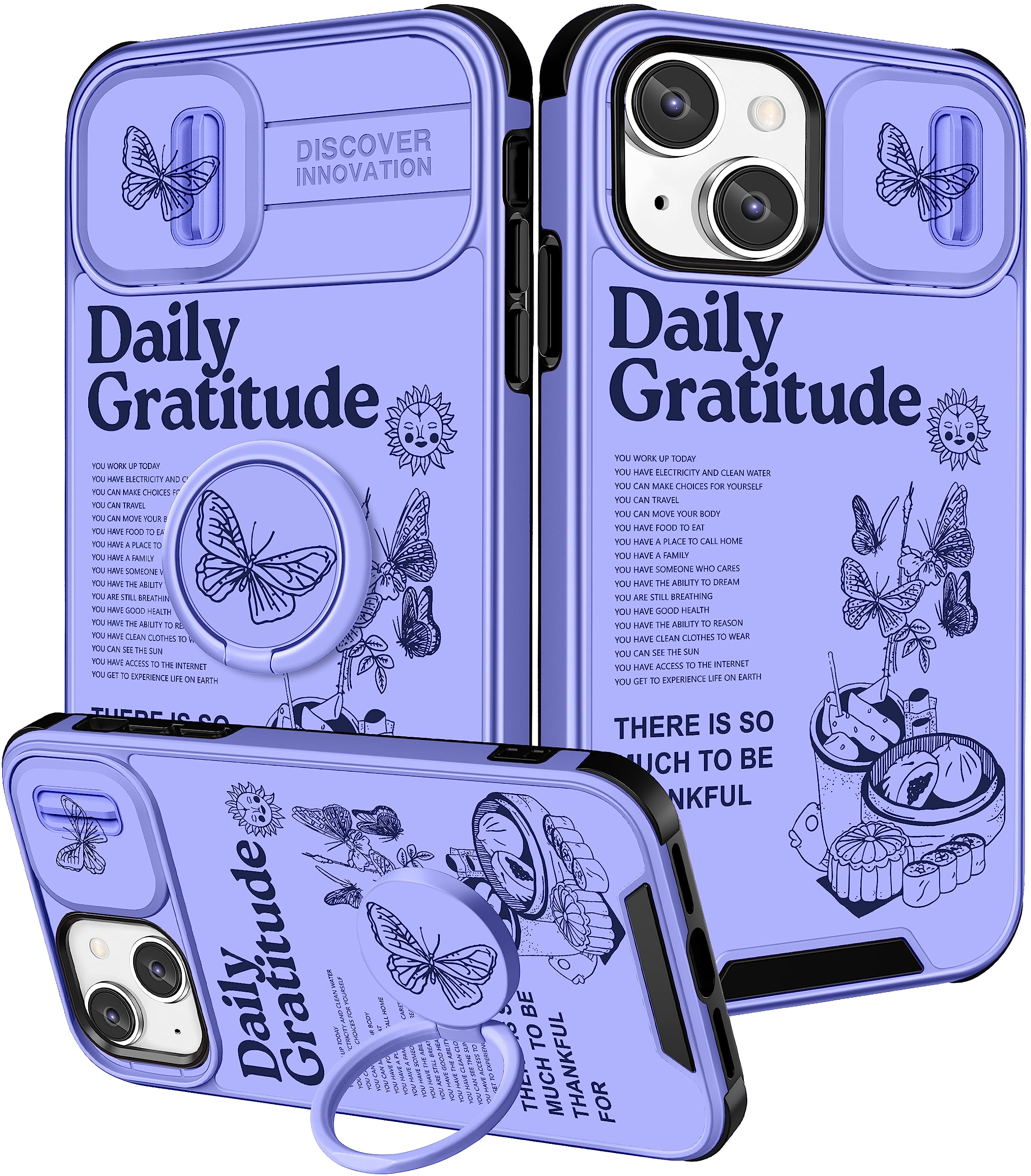 Funermei (2in1 for iPhone 14 Plus Phone Case for Women Cute Butterfly Girls Cover Girly Aesthetic Pretty Purple Butterfly Unique Design with Camera