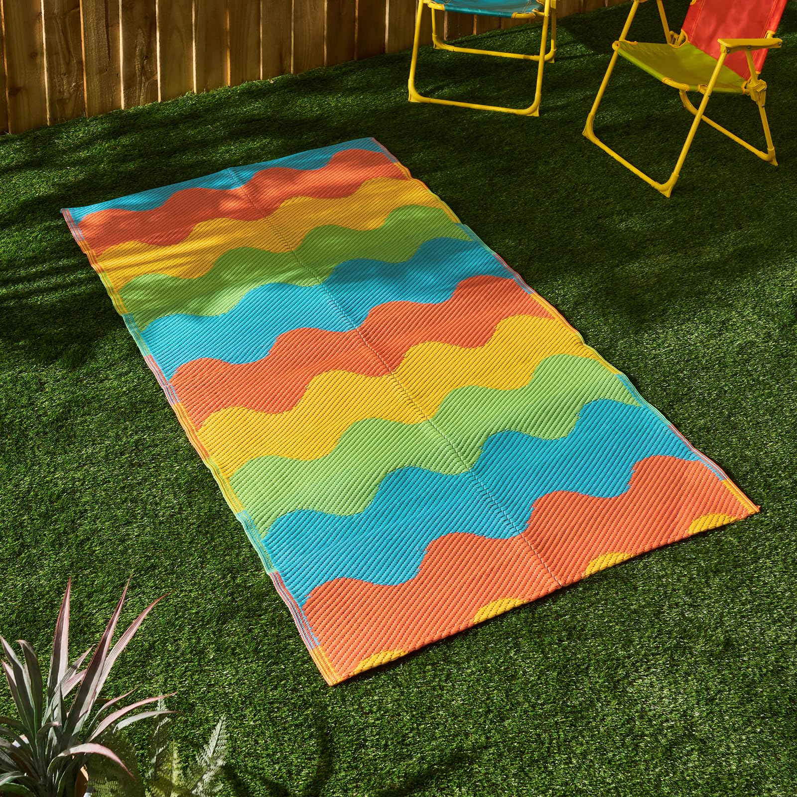 OHS Outdoor Rugs for Garden, Weather Waterproof Reversible Garden Rug Waved Lines Print Foldable Outdoor Mat Non Slip Easy Clean UV Decking Lawn Patio Carpet Area Rugs, Multi - 80 x 150cm