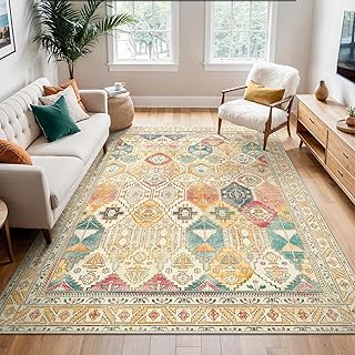 Washable Rugs Living Room 120x170cm, Non-Slip Area Rugs for Bedroom Machine Washable Rug Large Rugs for Living Room, Dining Room Non Shedding, Oriental Vintage Boho Rug, Yellow