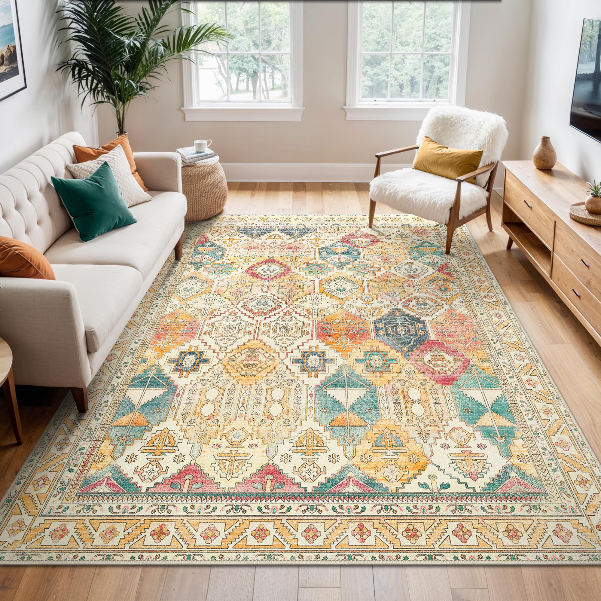 BEIMO Waschbarer Teppich Wohnzimmer Vintage, Boho Teppich Schlafzimmer Groß Orientalisch rutschfest für Badezimmer Esszimmer, Vintage Mehrfarbig, 120x170cm