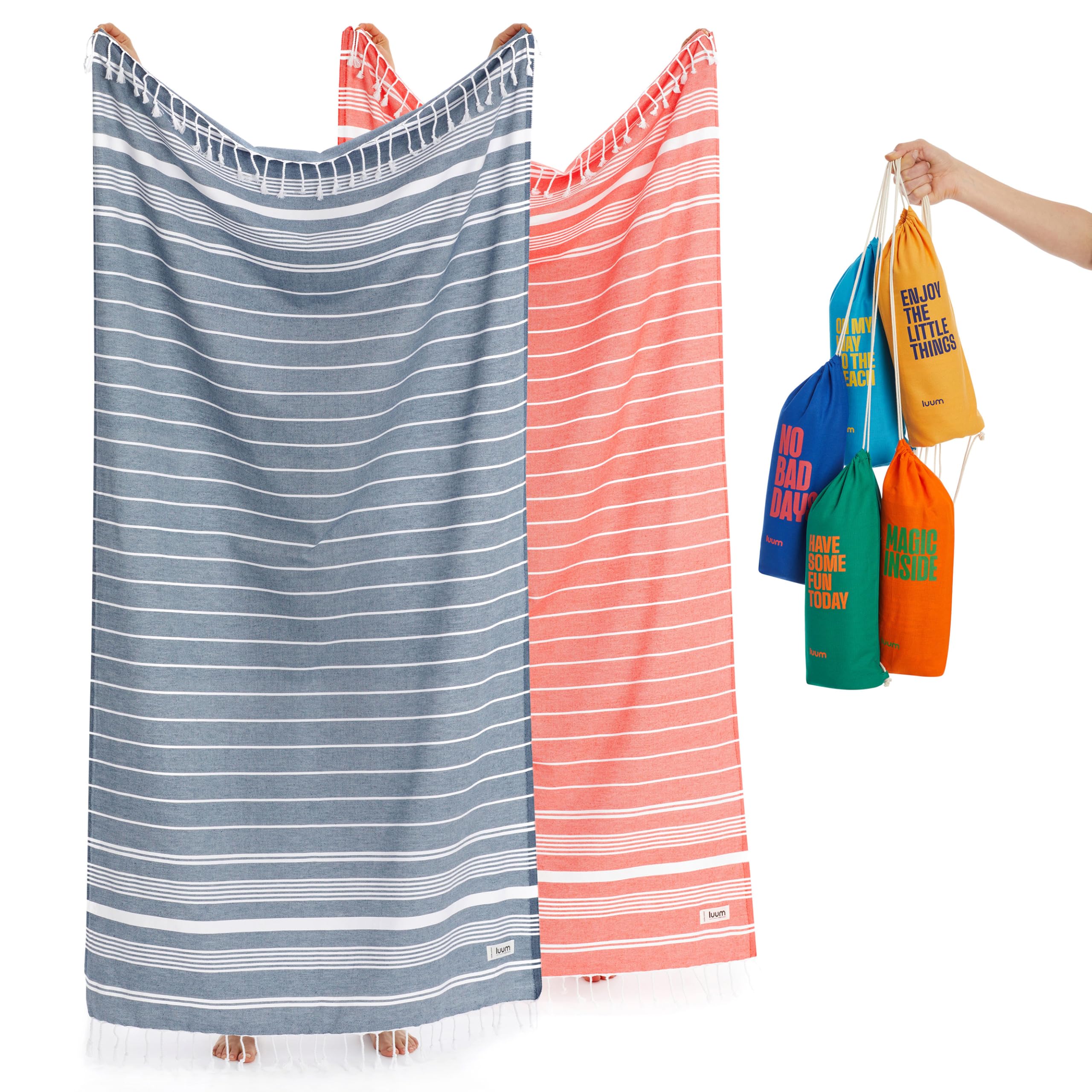 Luum Hamamtuch Strandtuch Saunahandtuch Yogatuch Strandhandtuch Saunatuch Badetuch Reisehandtuch, Campinghandtuch, 2er Set, Damen Herren, Navy/Salmon (Besser als EIN Mikrofaser Handtuch)