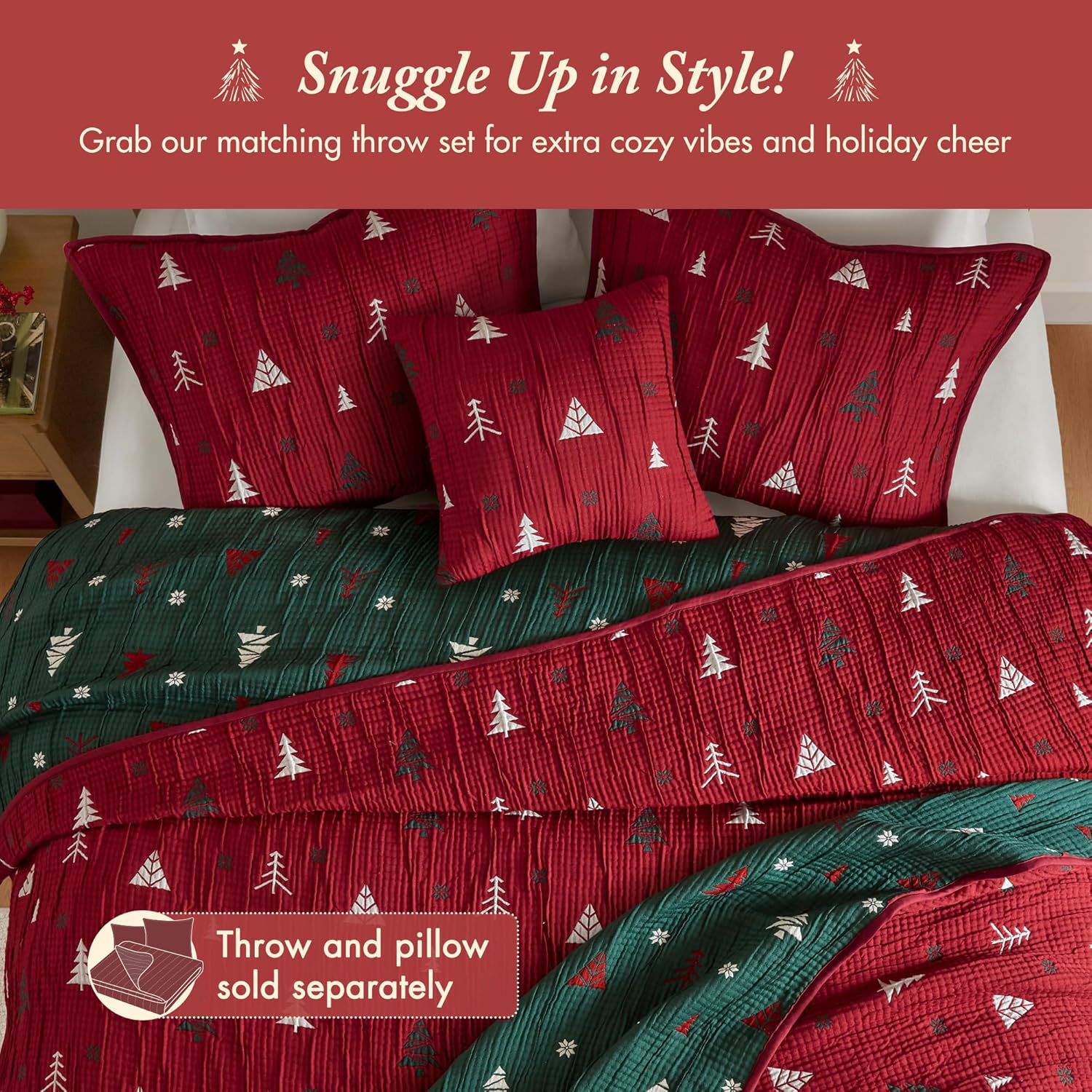 Madison Park Christmas Coverlet Set Festive Jacquard Design, 3 Piece Set - All Season, Reversible Bedspread Lightweight Bedding Layer, Shams, Queen, Red/Green