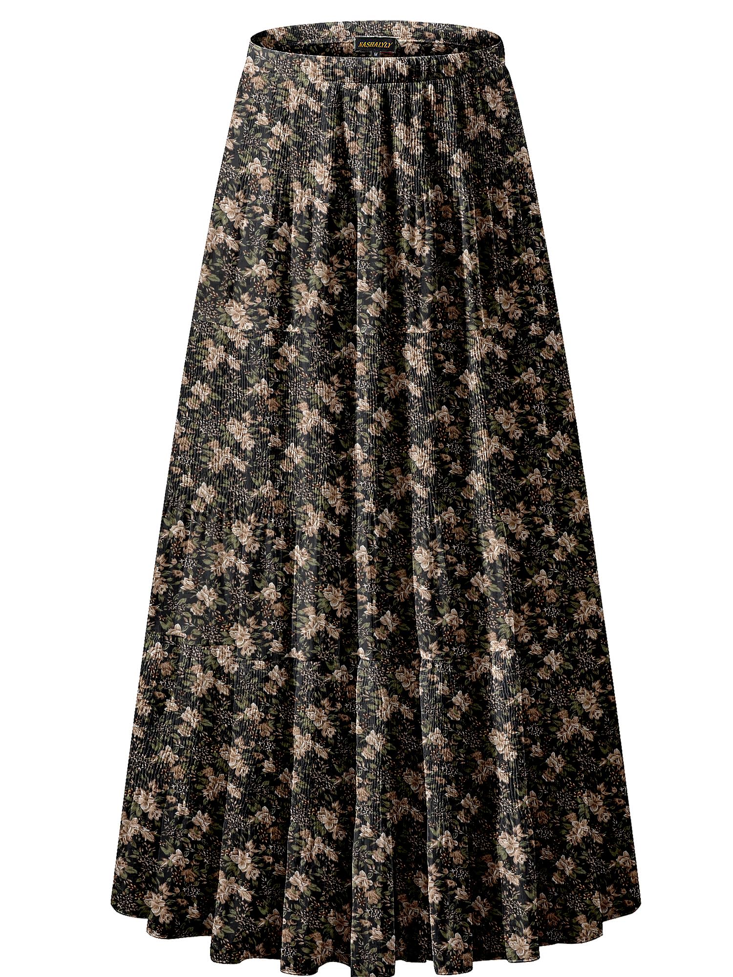 NASHALYLY Women's Chiffon Elastic High Waist Pleated A-Line Maxi Skirts