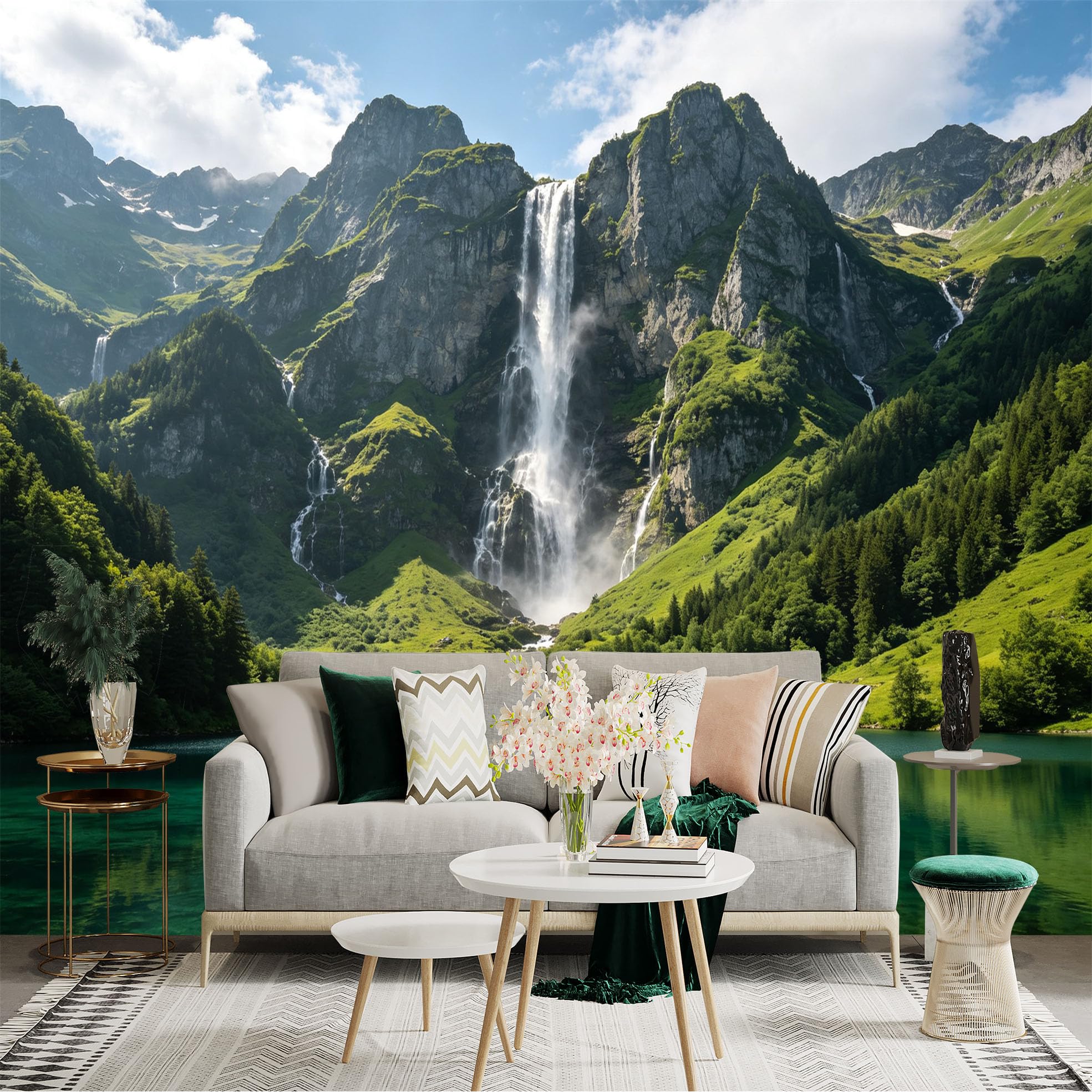 Custom Size Wall Sticker Mural， Majestic Waterfall with Lush Green Mountains and Turquoise Lake， for wall Decoration， peelandstick wall Decals.